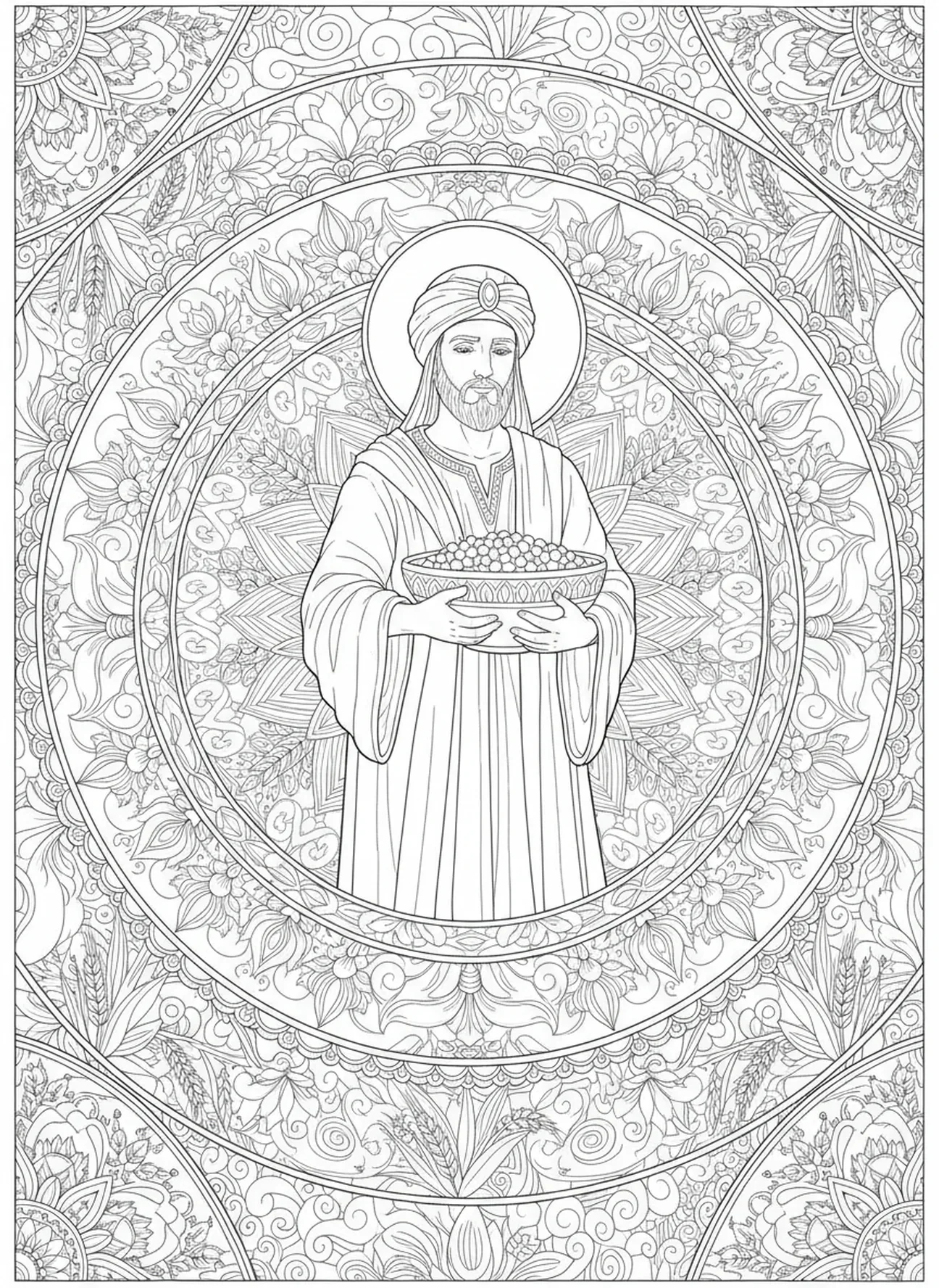 Aaron avec un bol de manne, page à colorier Aaron Prêtre pour adultes dans le style du journal biblique