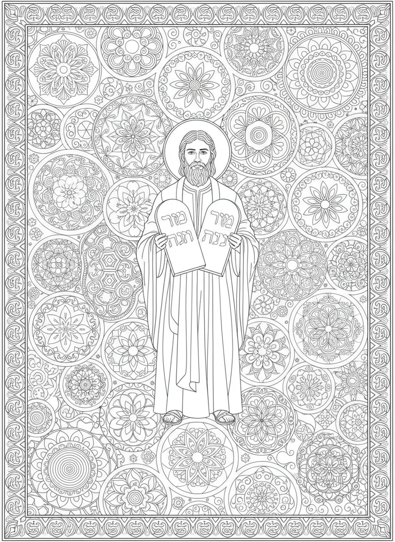 Aaron tenant les tables de la Loi, page à colorier Aaron Prêtre pour adultes dans le style du journaling biblique