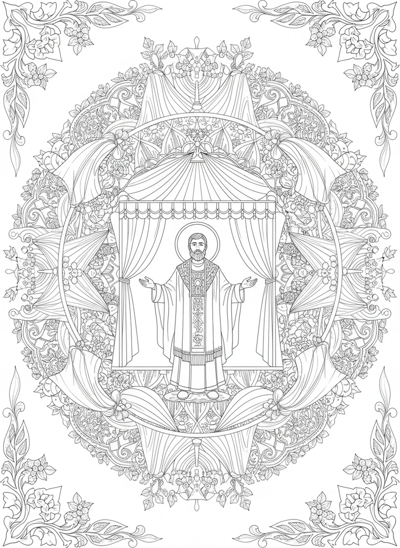 Aaron dans le tabernacle, page à colorier Aaron Prêtre pour adultes dans un style de journal biblique