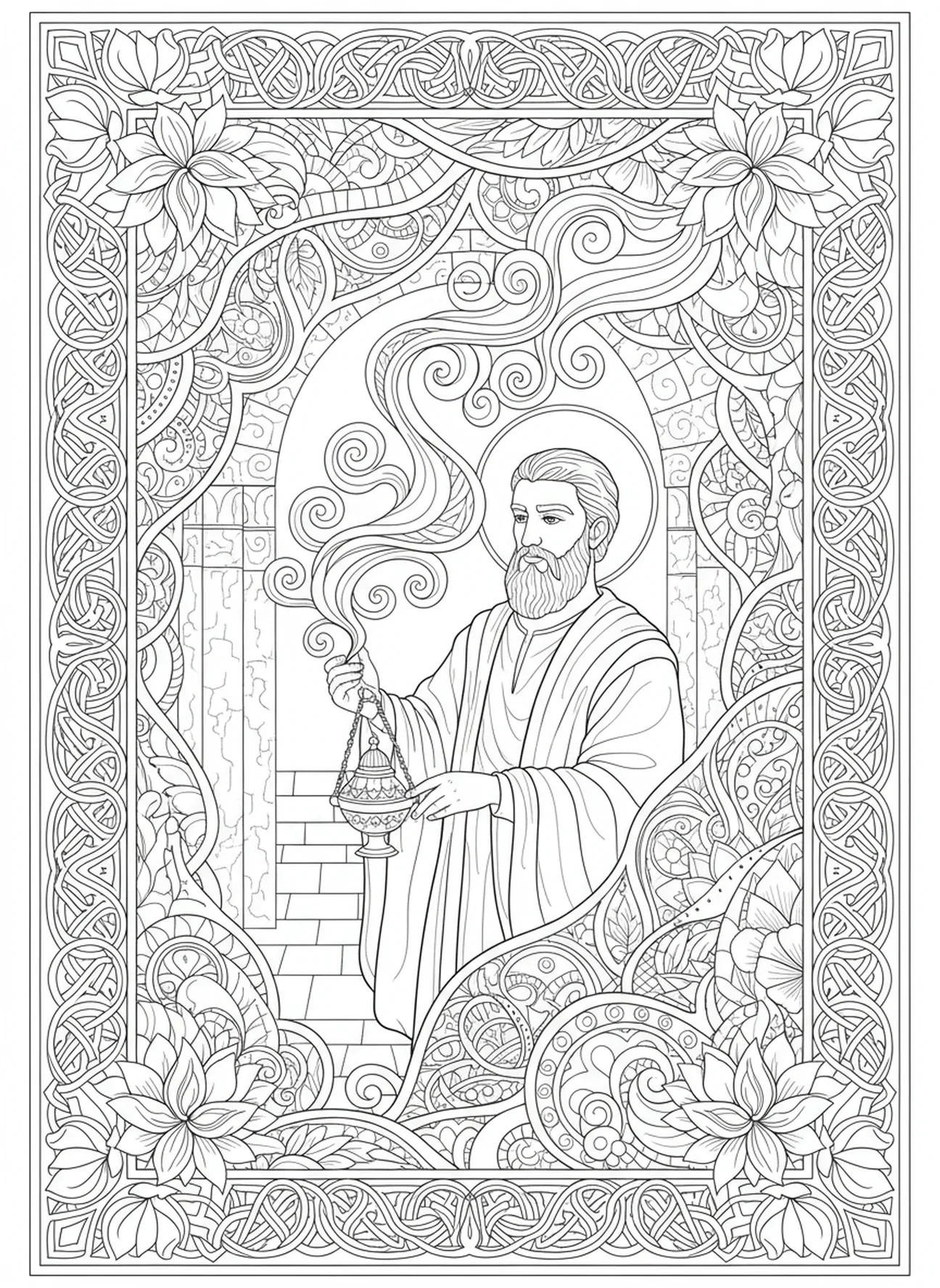 Aaron levant un encensoir doré, page à colorier Aaron Prêtre pour adultes dans un style de journal biblique