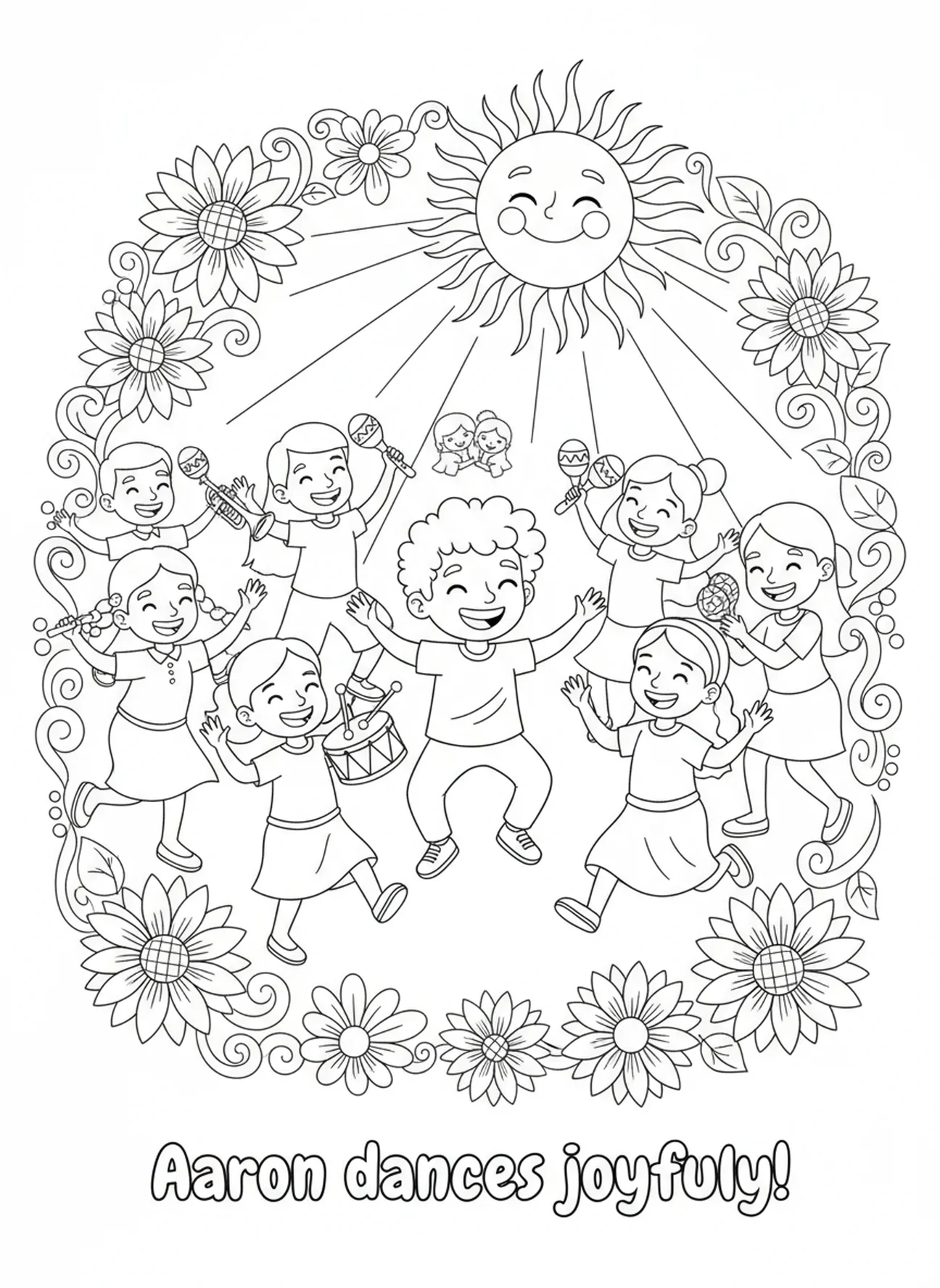 Aaron dansant joyeusement avec le peuple, page à colorier Aaron Prêtre pour les enfants de 5 à 10 ans.