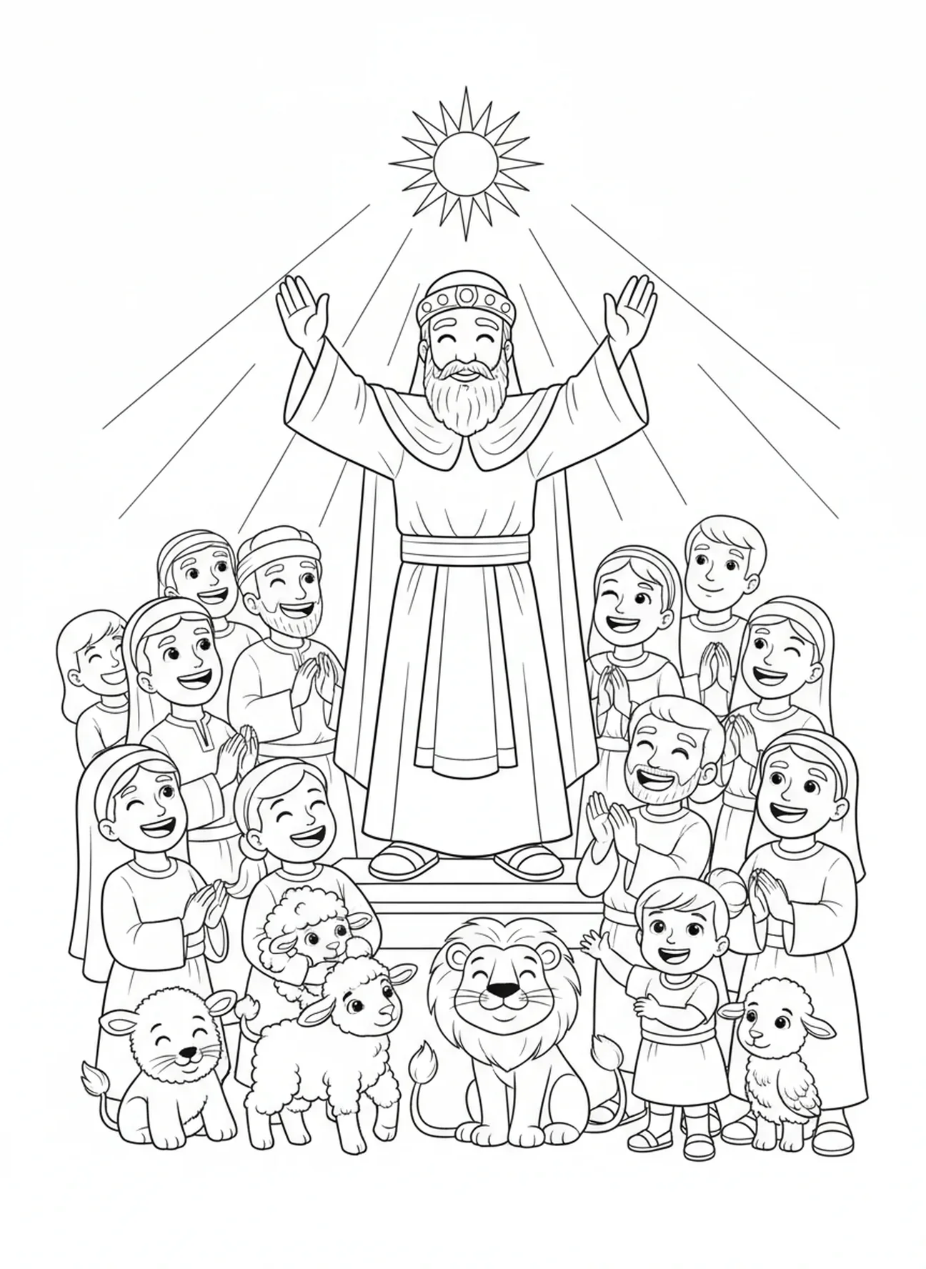 Aaron bénissant des personnes joyeuses, page à colorier Aaron Prêtre pour les enfants de 5 à 10 ans.