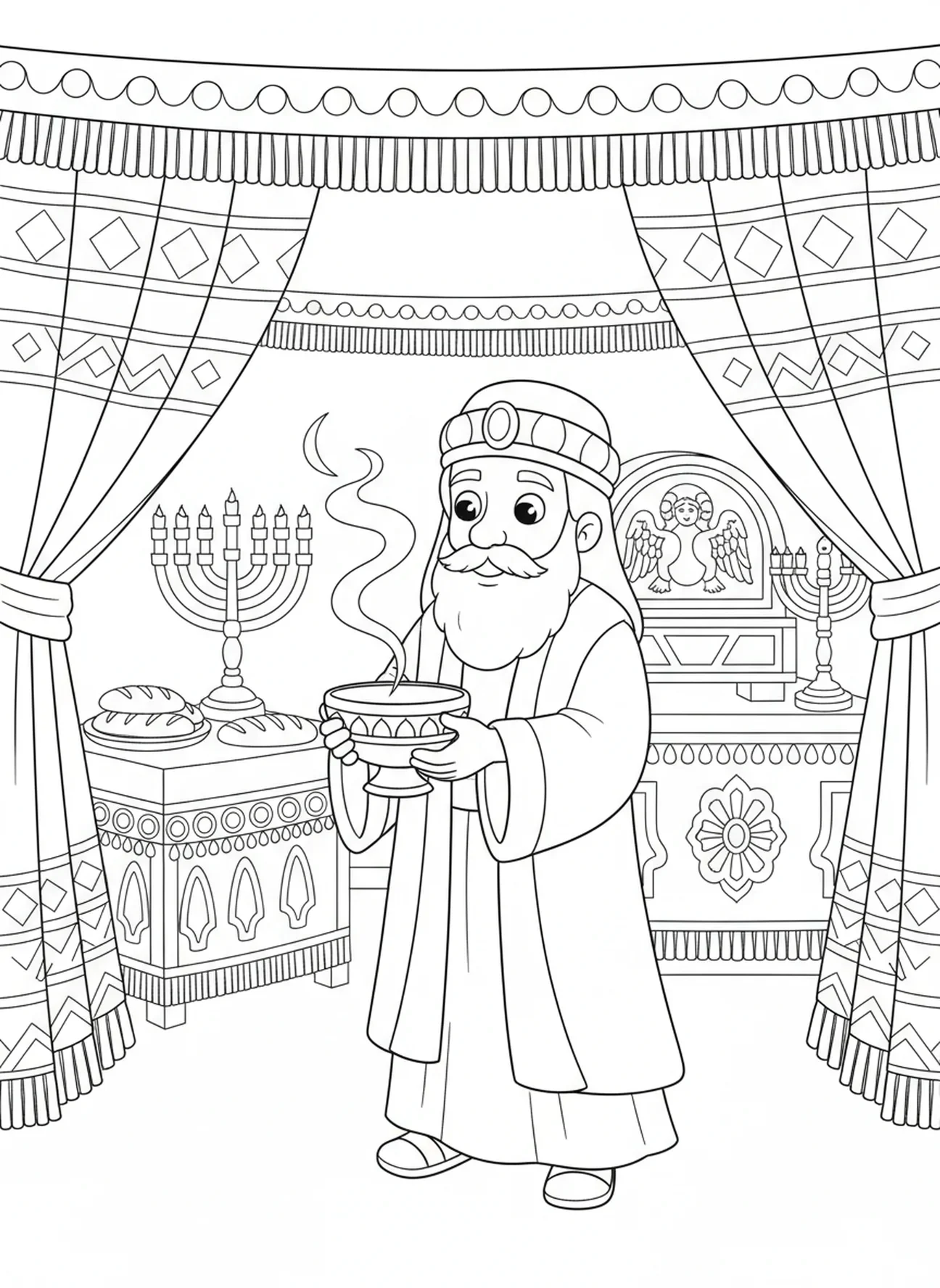 Aaron dans le Tabernacle, page à colorier du Prêtre Aaron pour les enfants de 5 à 10 ans.