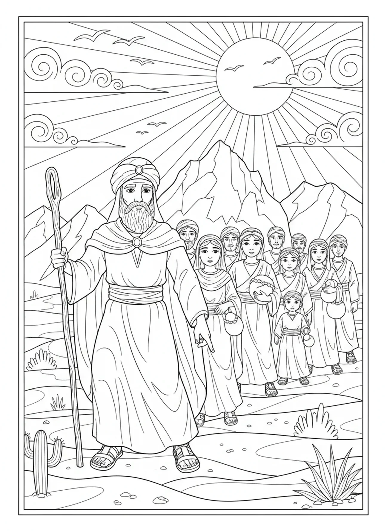 Aaron guidant les gens à travers le désert, page à colorier Aaron Prêtre pour les enfants de 5 à 10 ans.