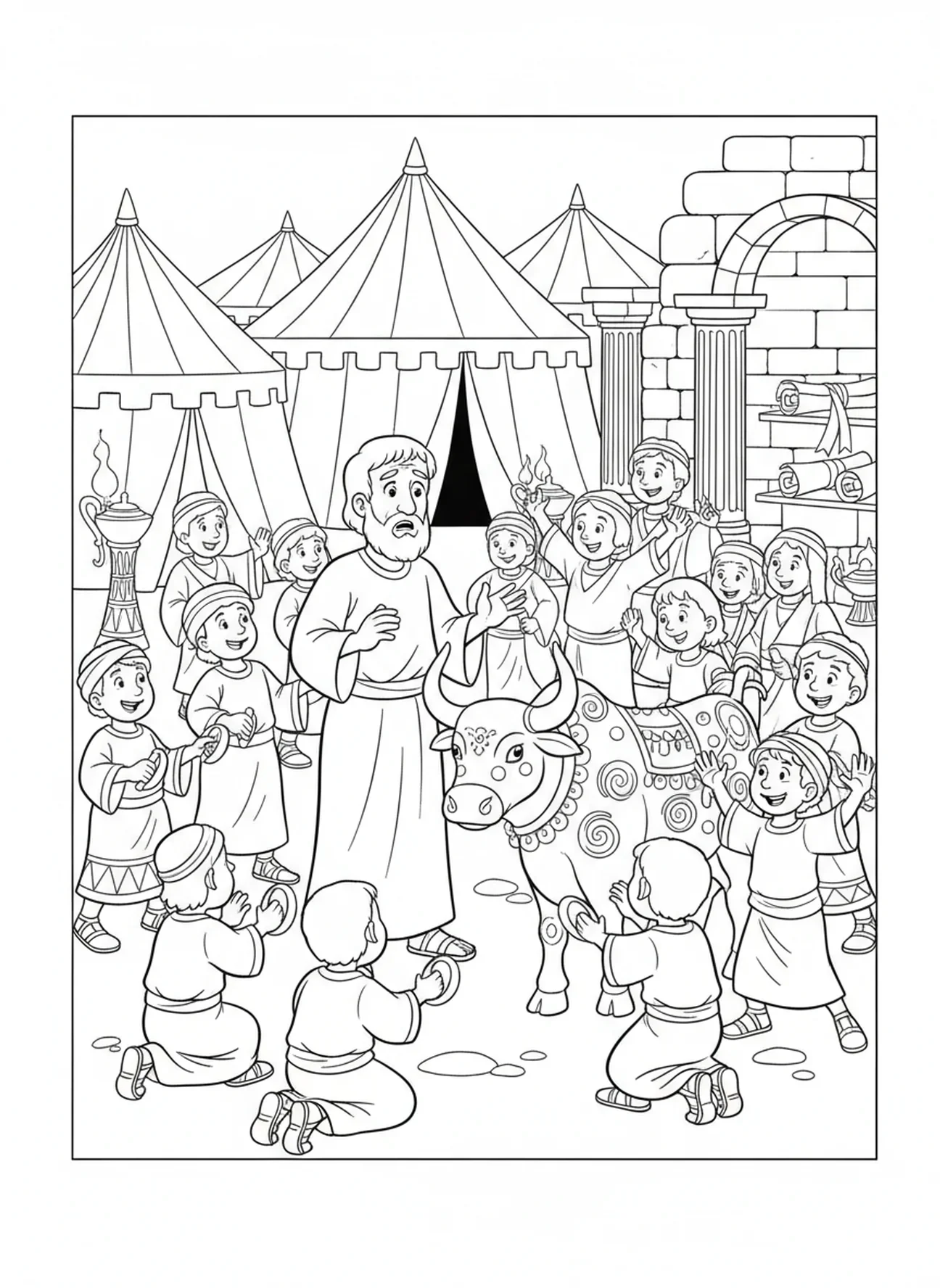 Aaron und das goldene Kalb, Ausmalbild von Aaron dem Priester für die Sonntagsschule für Kinder im Alter von 5-12 Jahren.