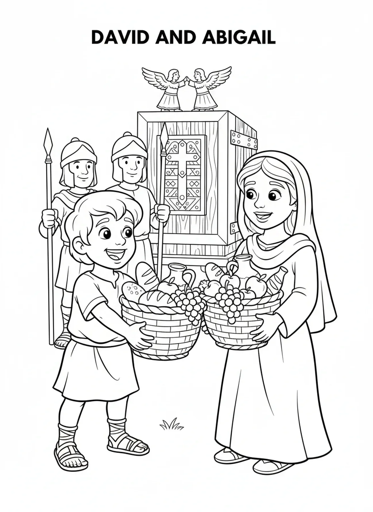 Dawid radośnie przyjmuje dary od Abigail, strona do kolorowania dla dzieci w wieku 5-10 lat.