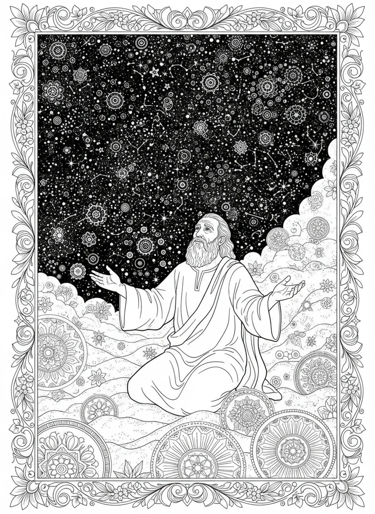 Página para colorir de Abraão e Sara com estrelas e areia, estilo de journaling bíblico para adultos.