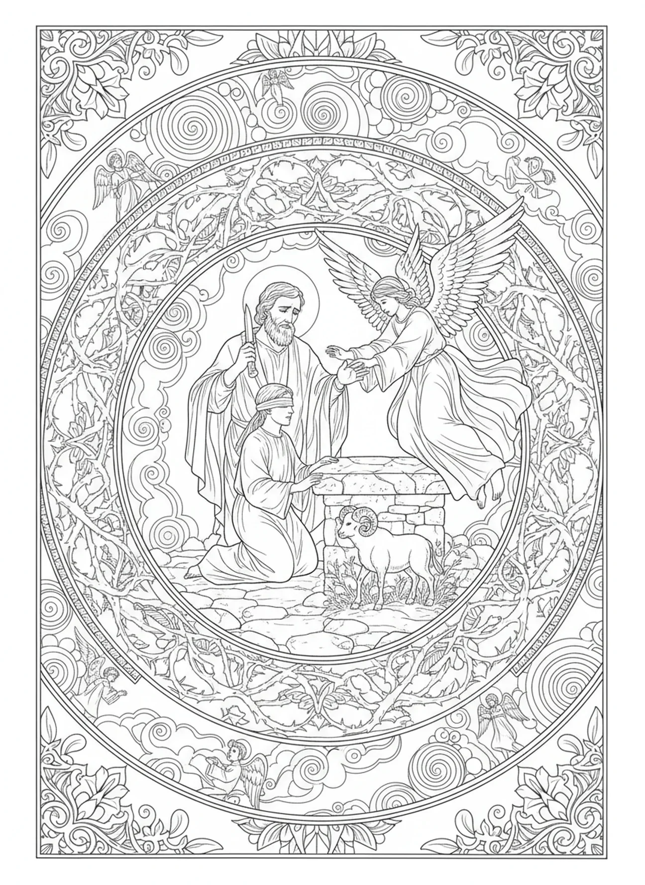 Abraão se preparando para sacrificar Isaque, página para colorir de Abraão e Sara no estilo de journaling bíblico para adultos.