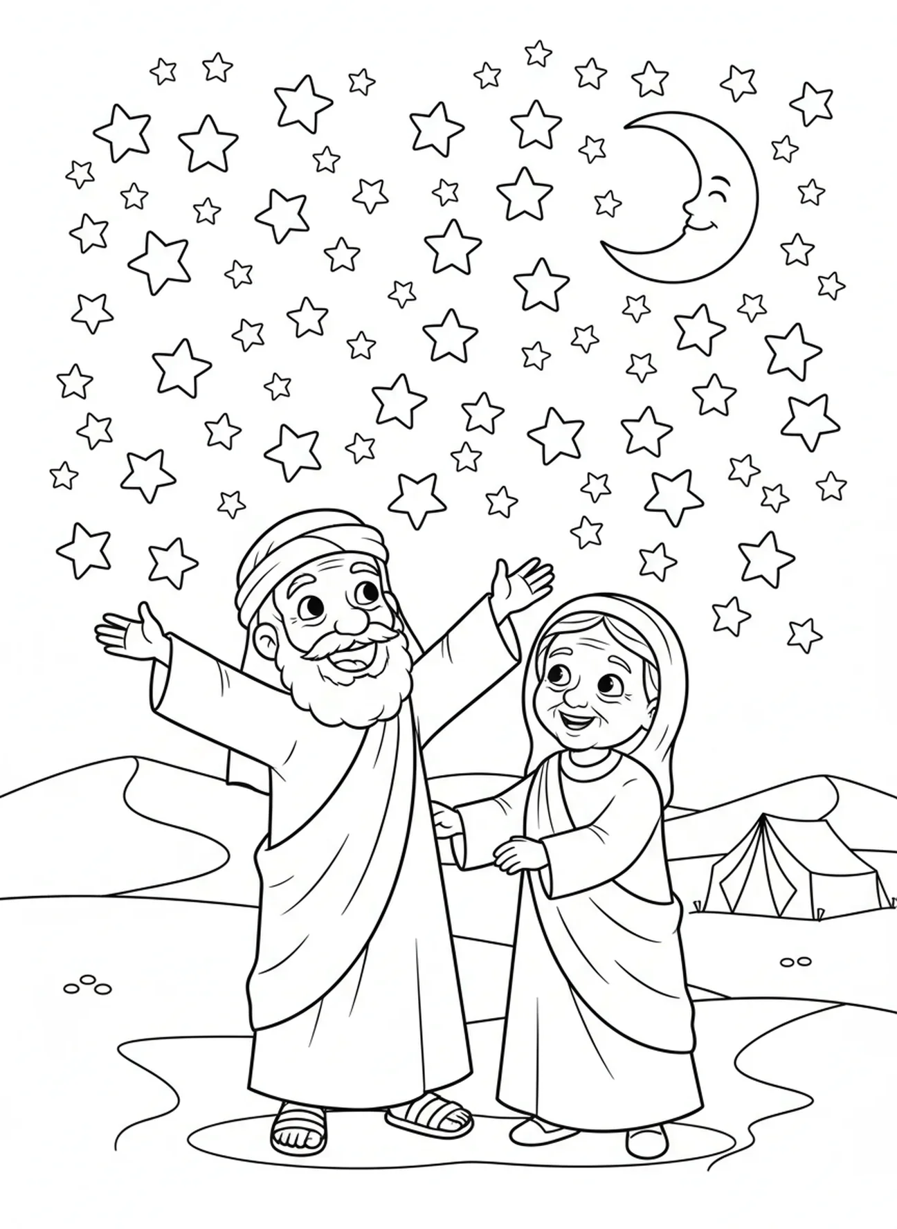 Abraham schaut sich die Sterne an, Ausmalbild von Abraham und Sarah für Kinder im Alter von 5-10 Jahren.