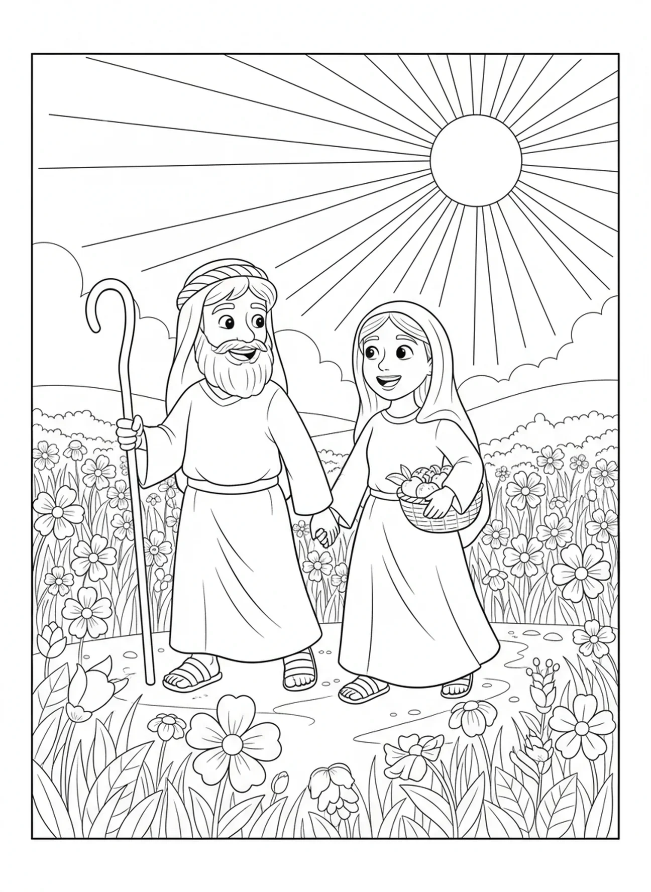 Abraham und Sarah auf einem Feld, Ausmalbild von Abraham und Sarah für Kinder im Alter von 5-10 Jahren.
