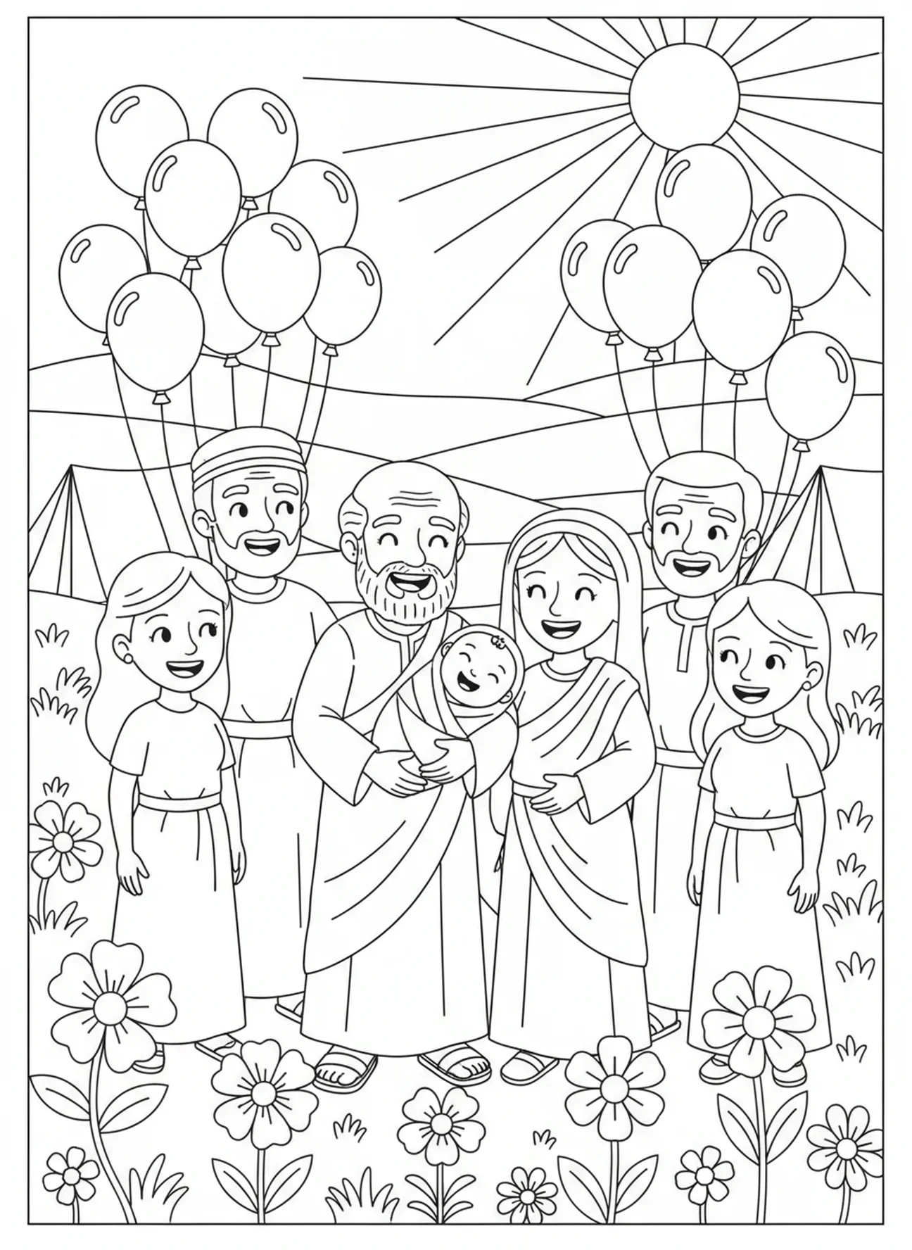 Abraham und Sarah mit dem Baby Isaak, Ausmalbild von Abraham und Sarah für Kinder im Alter von 5-10 Jahren.