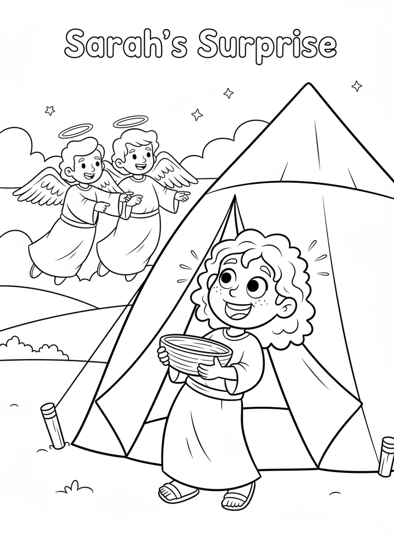 Sarah lacht, Abraham und Sarah Ausmalbild für Kinder im Alter von 5-10 Jahren.