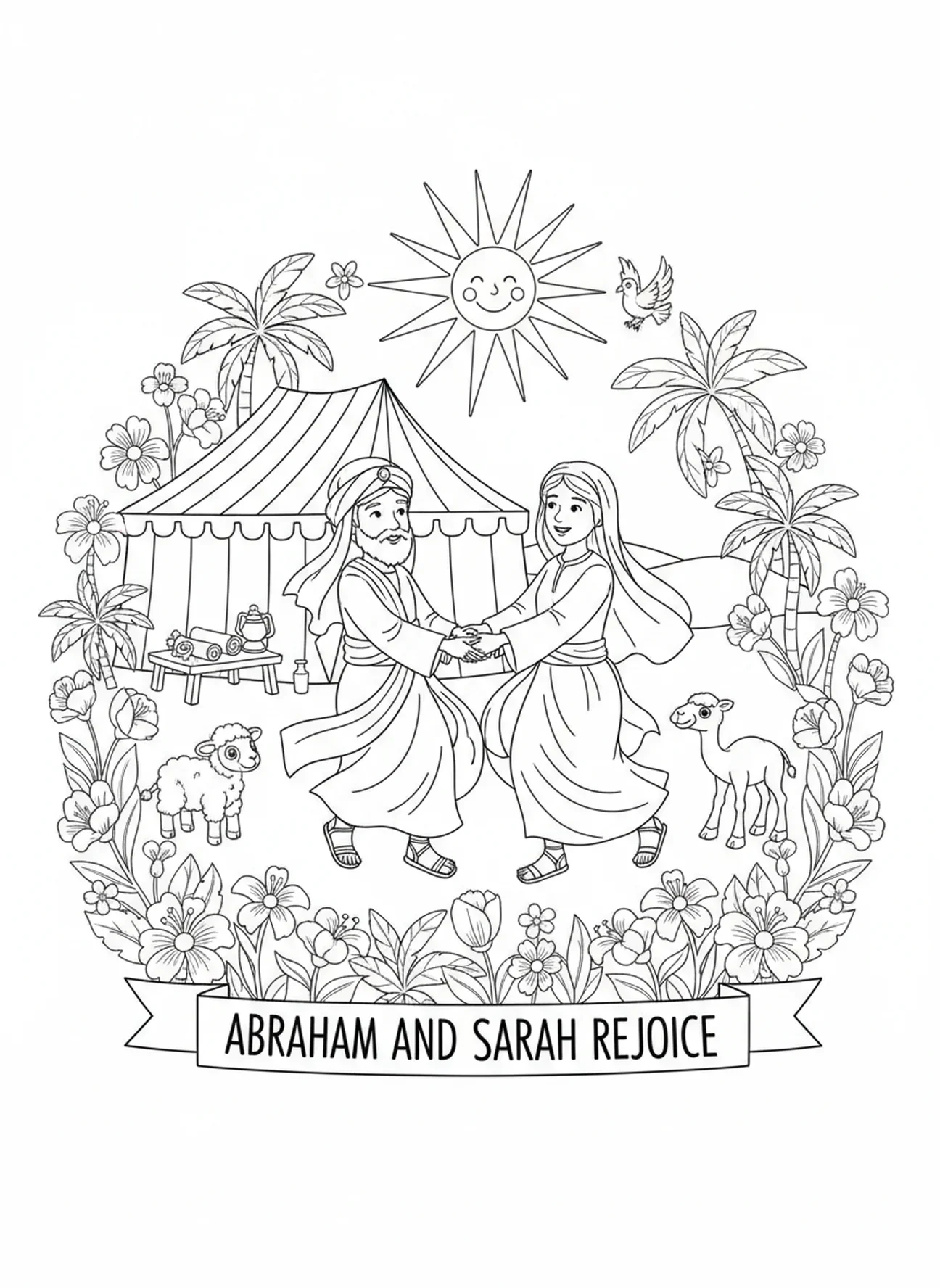 Abraham und Sarah tanzen fröhlich, Ausmalbild von Abraham und Sarah für Kinder in der Sonntagsschule im Alter von 5-12 Jahren.