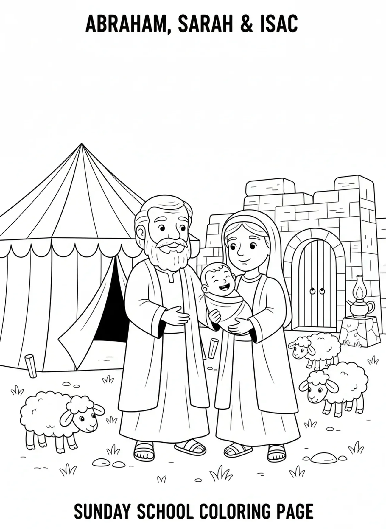 Abraham und Sarah mit dem Baby Isaak, Ausmalbild für die Sonntagsschule für Kinder im Alter von 5-12 Jahren.