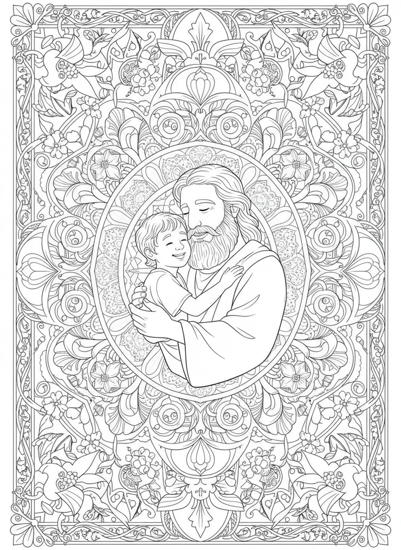 Abraão abraça Isaque, página para colorir do Sacrifício de Abraão e Isaque no estilo de journaling bíblico para adultos.
