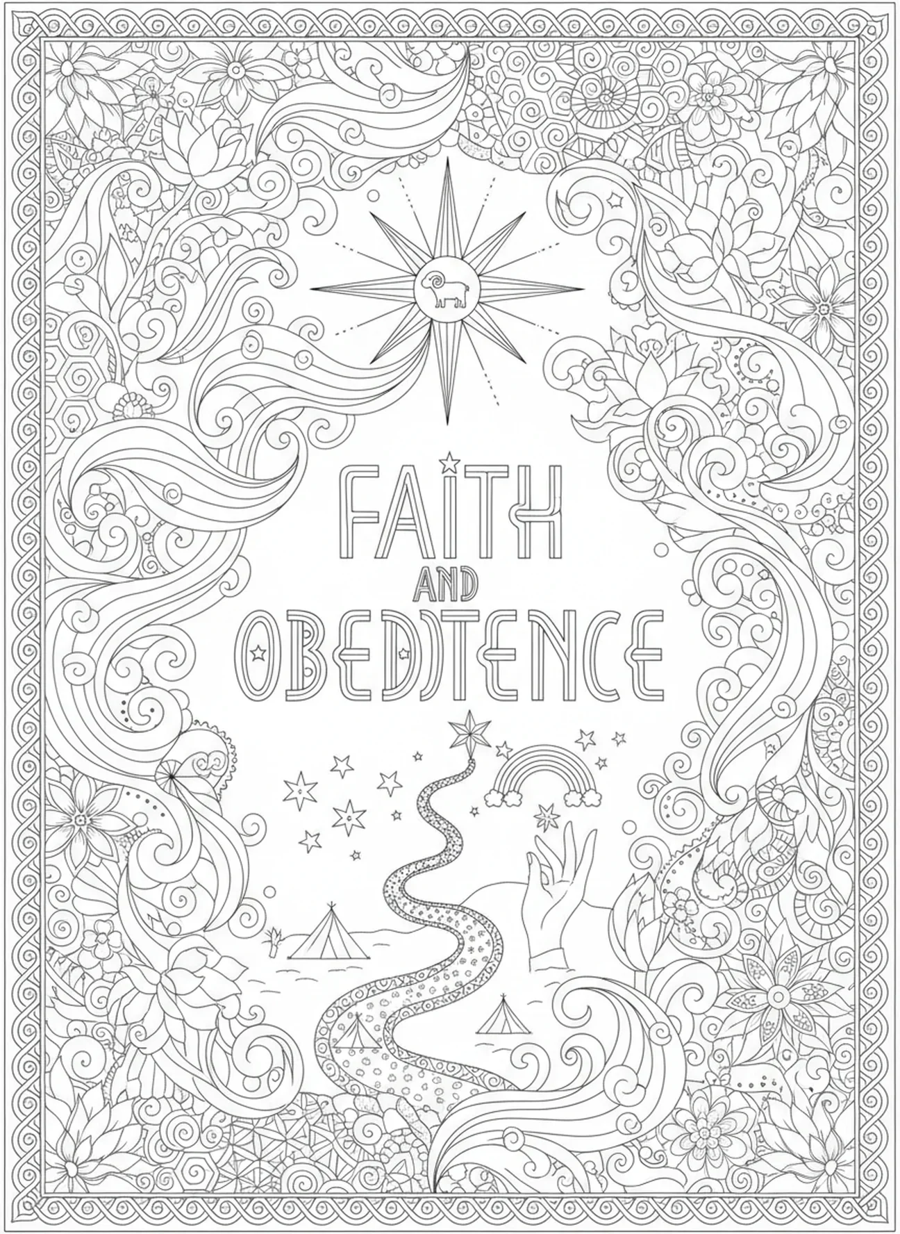 Representação simbólica da fé, página para colorir do Sacrifício de Abraão e Isaque no estilo de journaling bíblico para adultos.