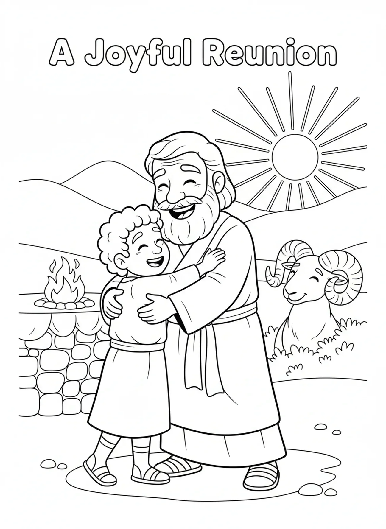 Abraham und Isaak umarmen sich, Ausmalbild zum Opfer von Abraham und Isaak für Kinder im Alter von 5-10 Jahren