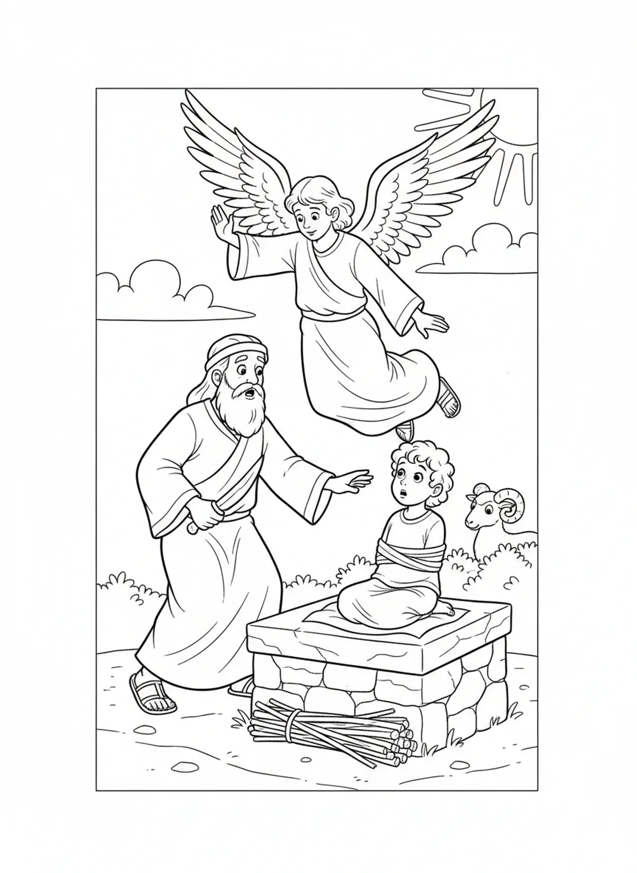 Engel, der Abraham aufhält, Ausmalbild zur Opferung Isaaks für Kinder im Alter von 5-10 Jahren
