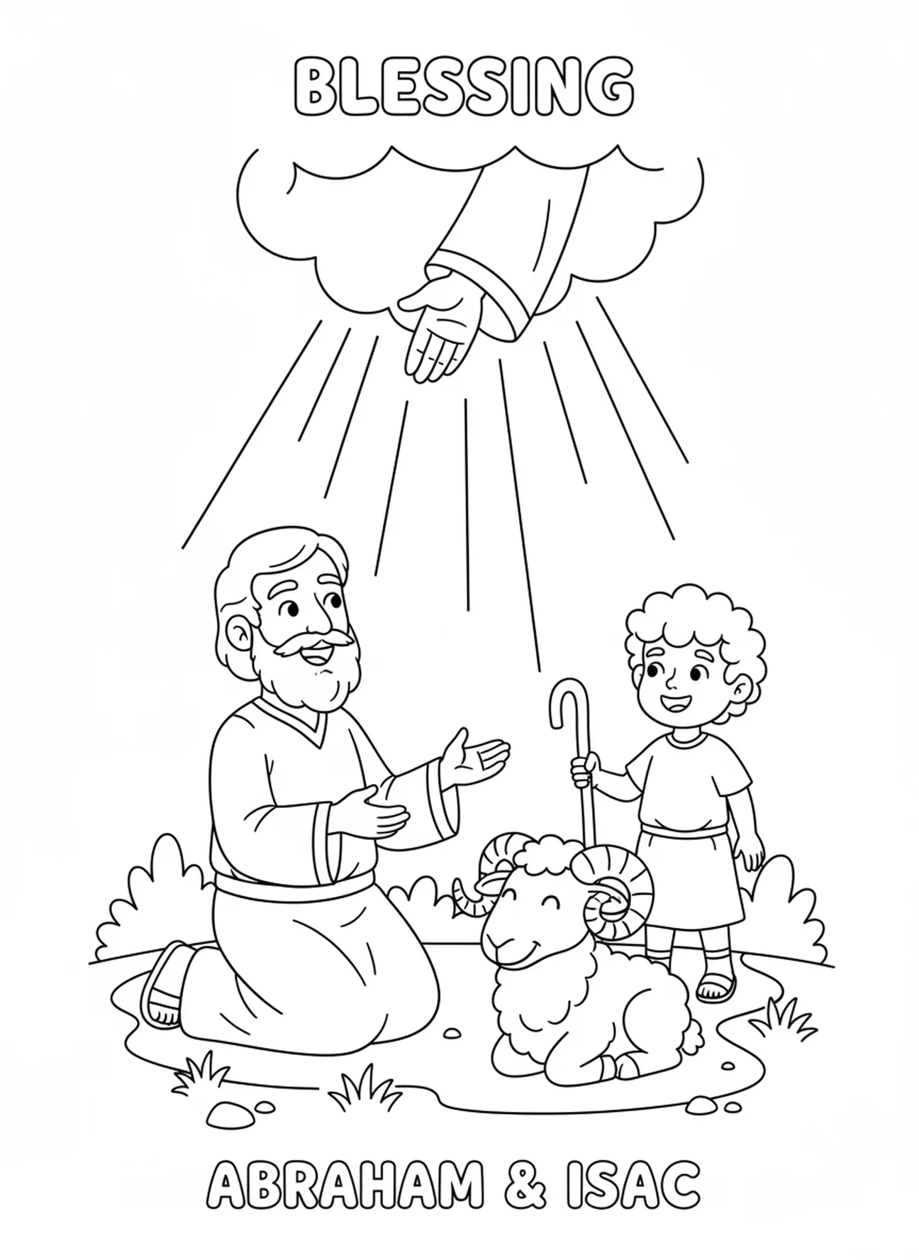 Abraham empfängt den Segen, Ausmalbild von Abrahams Opfer von Isaak für Kinder im Alter von 5-10 Jahren