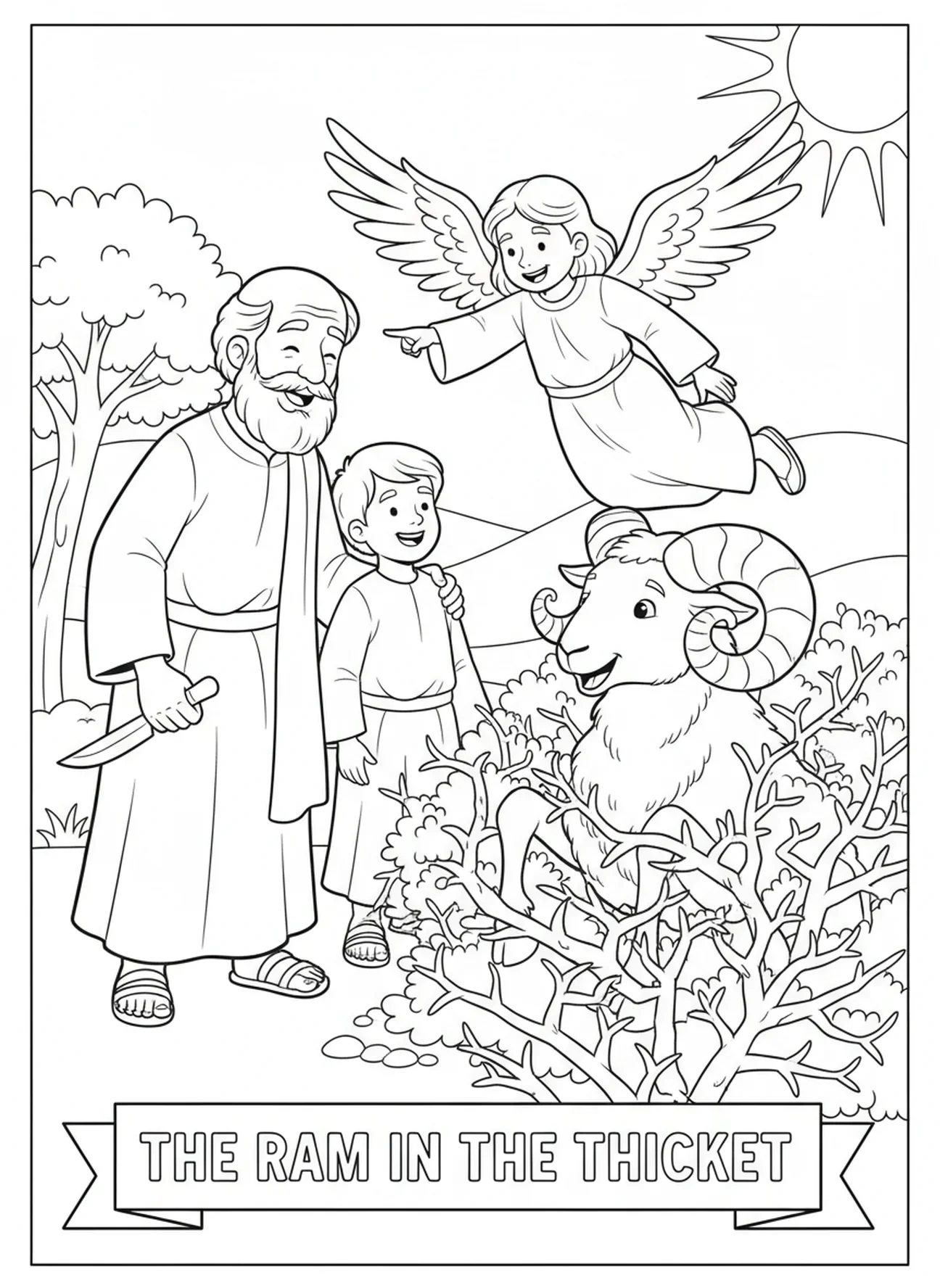 Widder im Gestrüpp, Abraham Isaaks Opfer Malvorlage für Kinder im Alter von 5-10 Jahren