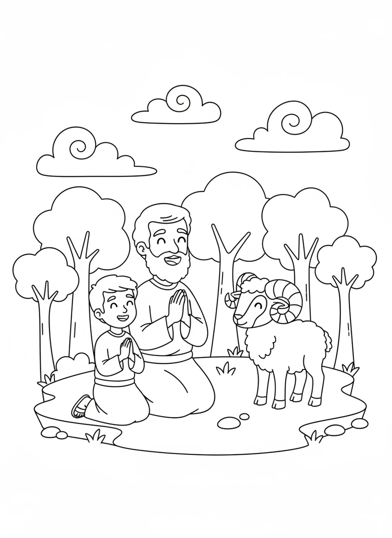 Abraham und Isaak im Gebet, Abraham Isaak Opfer Ausmalbild für Kinder im Alter von 5-10 Jahren