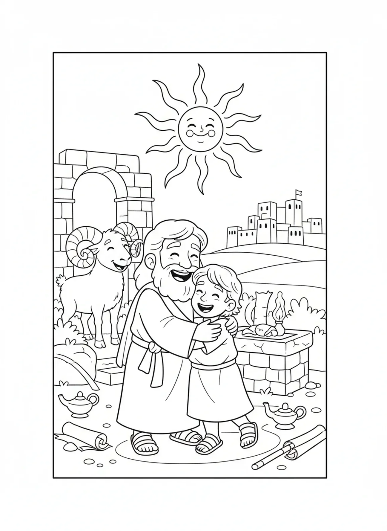 Abraham und Isaak umarmen sich, Abraham Isaak Opfer Ausmalbild für die Sonntagsschule Kinder im Alter von 5-12 Jahren.