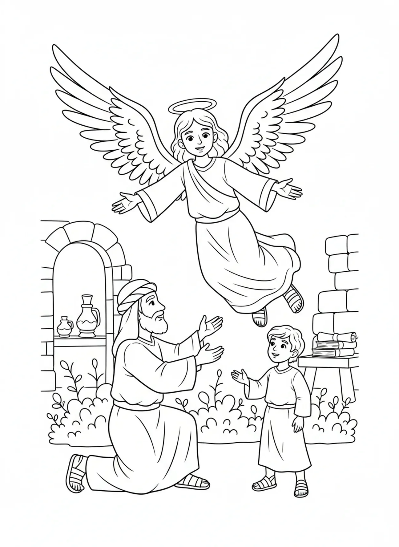 Engel erscheint Abraham, Abraham Isaaks Opfer Ausmalbild für Sonntagsschule Kinder im Alter von 5-12 Jahren.