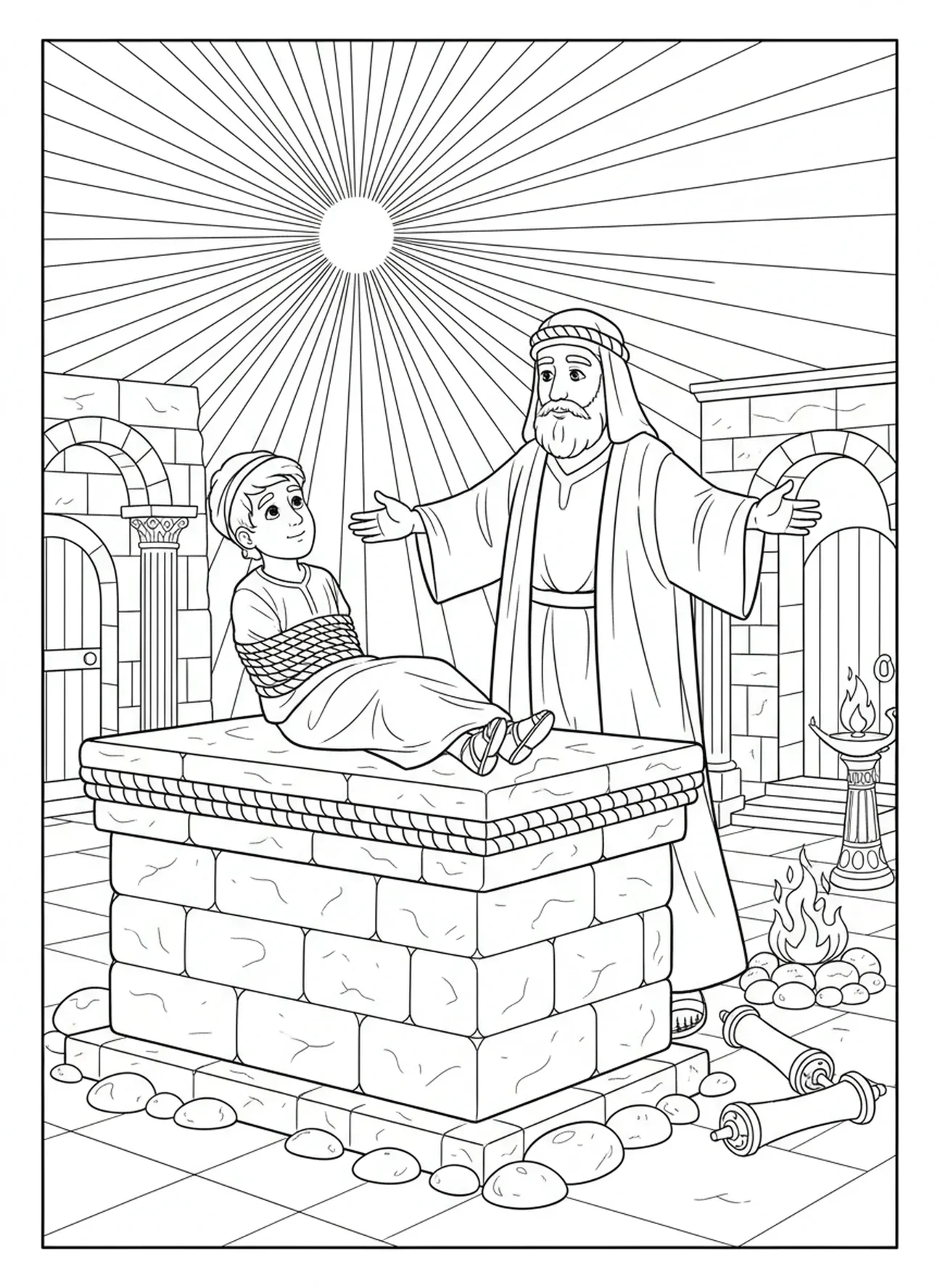Isaak gebunden auf dem Altar, Abraham Isaaks Opfer Ausmalbild für die Sonntagsschule für Kinder im Alter von 5-12 Jahren.