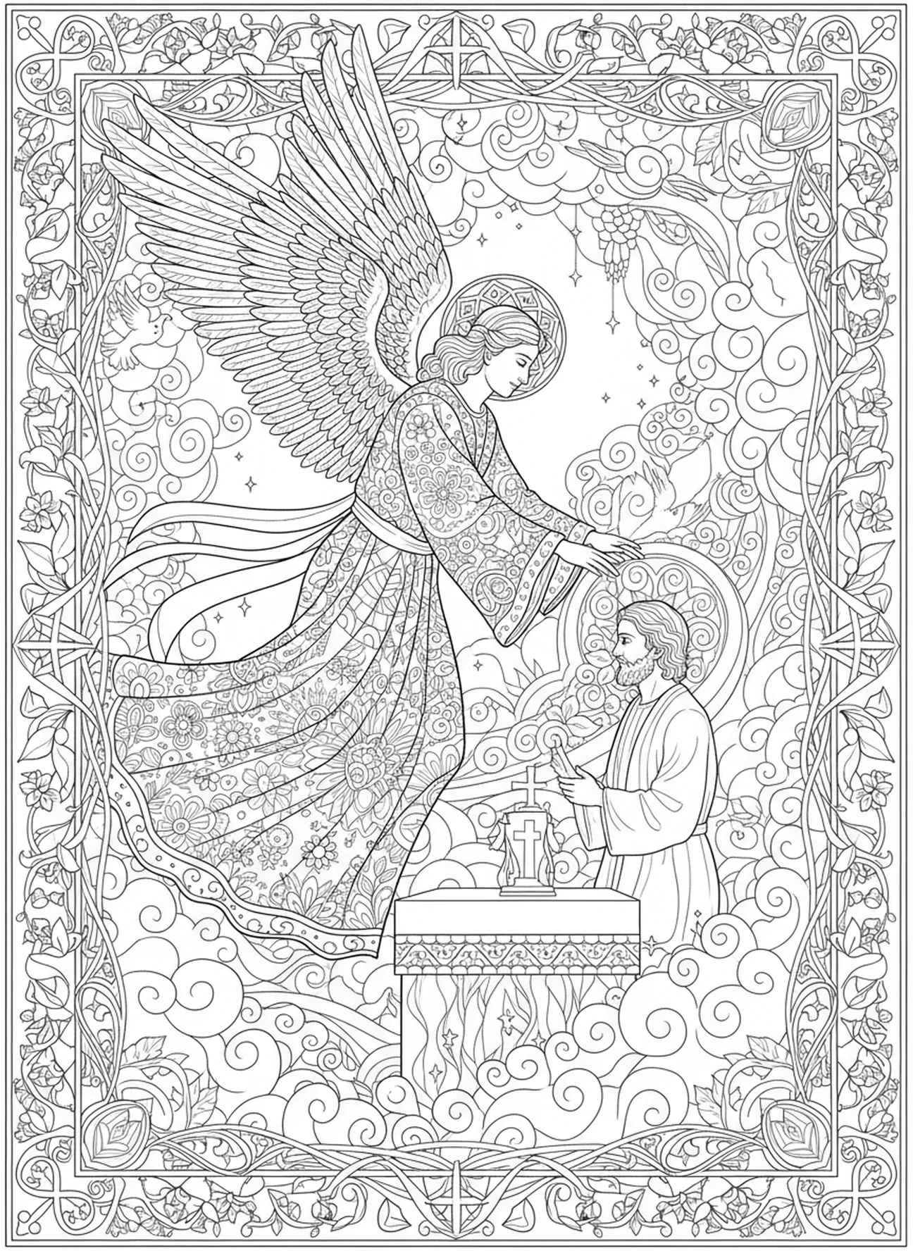 Anjo aparecendo a Abraão, página para colorir Abraão e Isaque no estilo de journaling bíblico para adultos