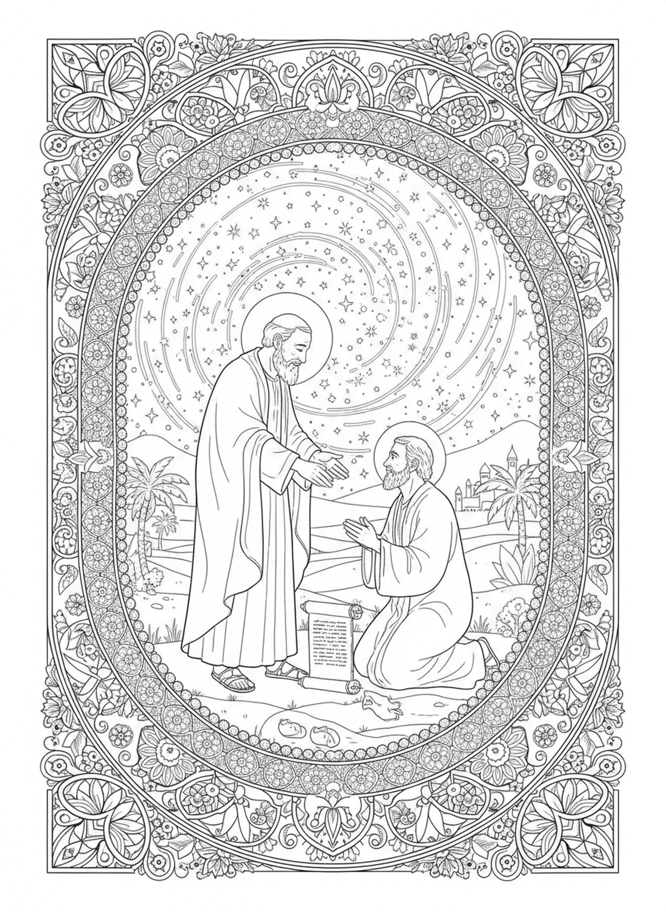 Deus confirmando a aliança com Abraão, página para colorir de Abraão e Isaque no estilo de journaling bíblico para adultos