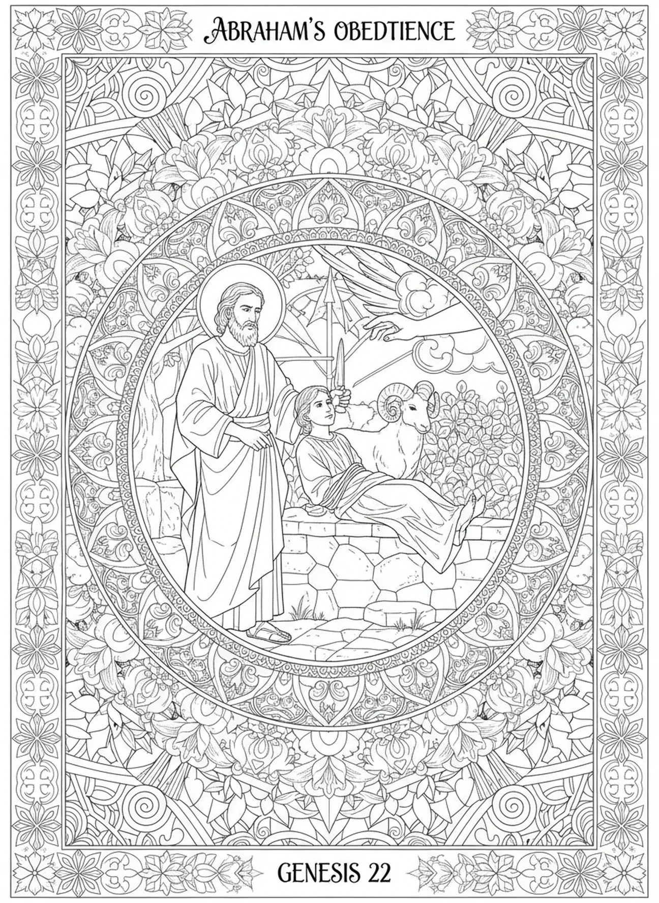 Abraão e Isaque no altar, página para colorir Abraão Isaque para adultos estilo de diário bíblico