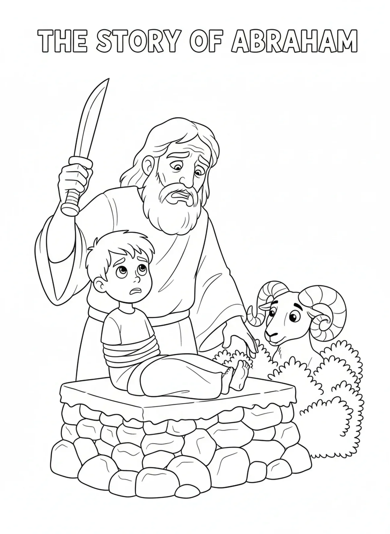 Abraham se préparant à offrir Isaac, page à colorier Abraham Isaac pour les enfants de 5 à 10 ans.