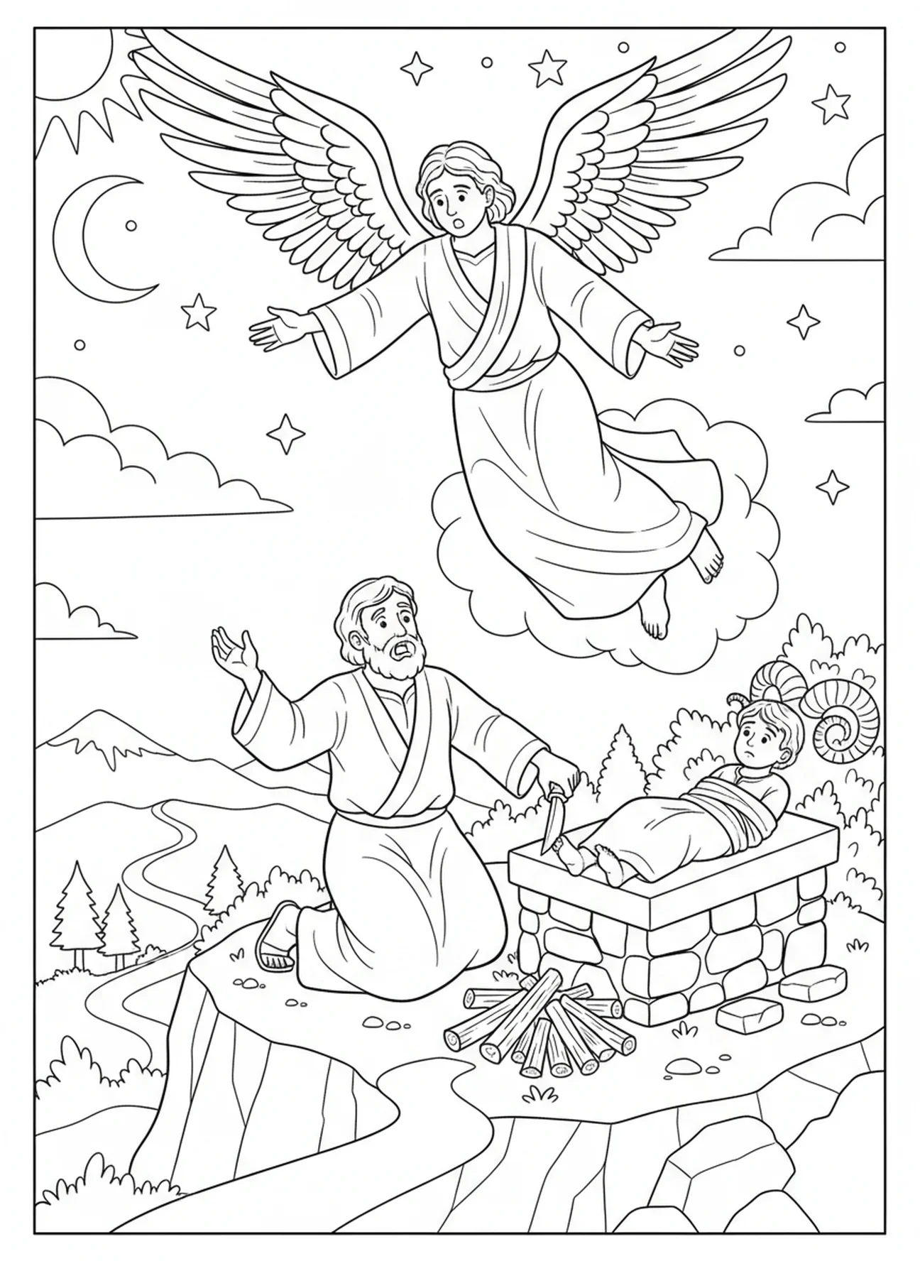 Un ange apparaissant pour arrêter Abraham, page à colorier d'Abraham et Isaac pour les enfants de 5 à 10 ans.
