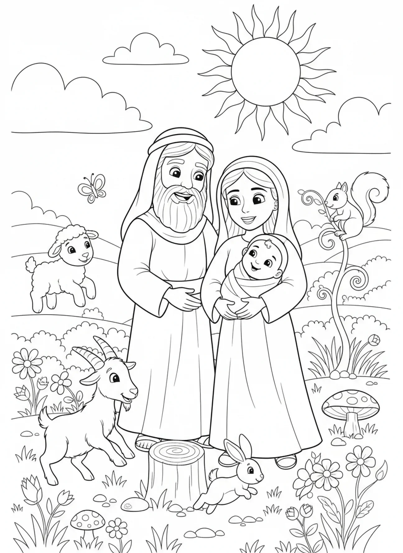 Abraham et Sarah tenant le bébé Isaac, page à colorier Abraham Isaac pour les enfants de 5 à 10 ans.