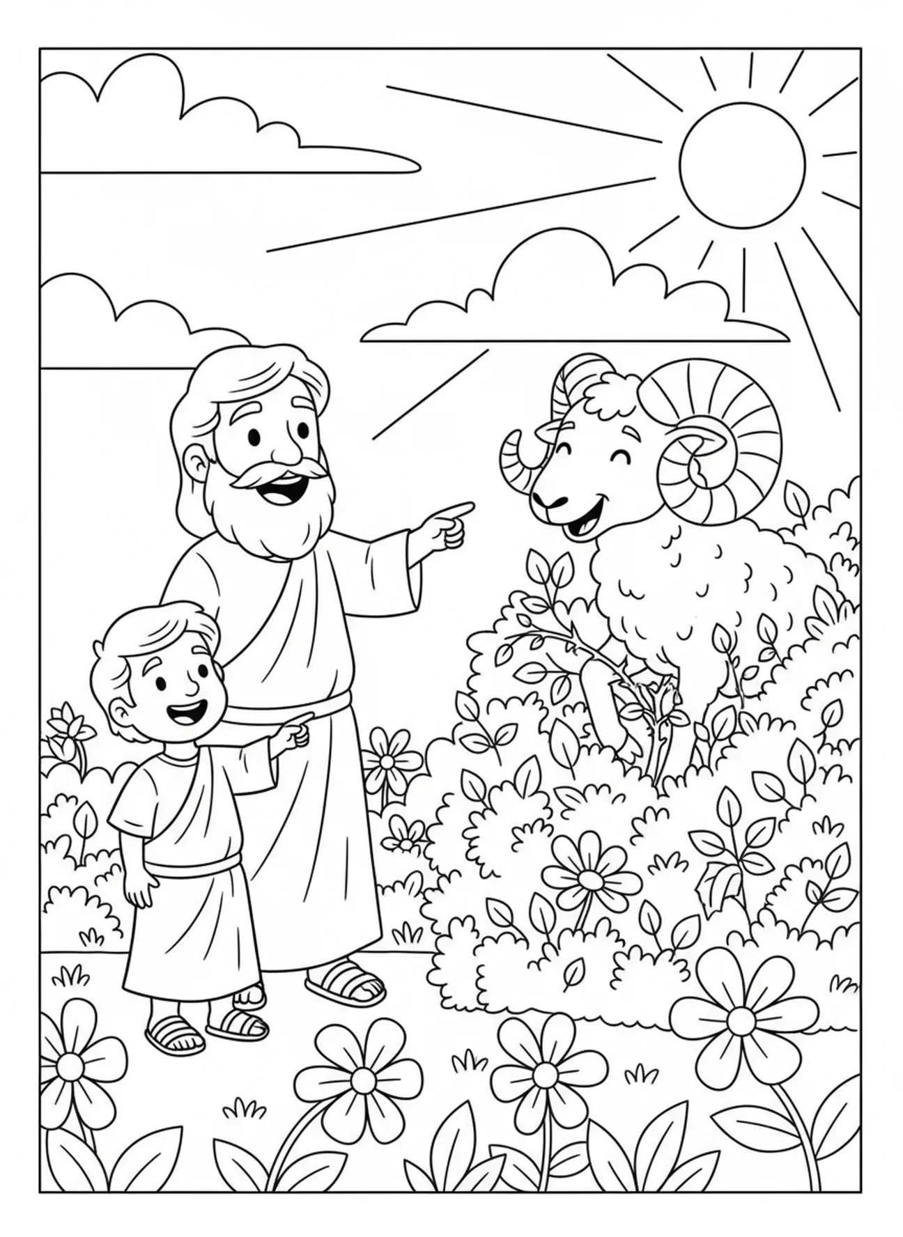 Un bélier pris dans les buissons, page à colorier d'Abraham et Isaac pour les enfants de 5 à 10 ans.