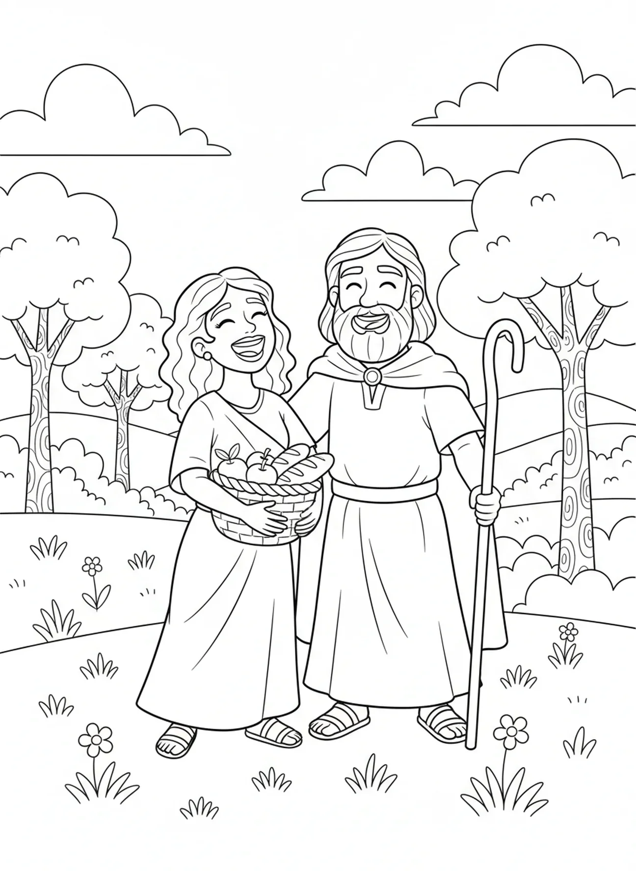 Sarah riant de joie, page à colorier d'Abraham et Isaac pour les enfants de 5 à 10 ans.
