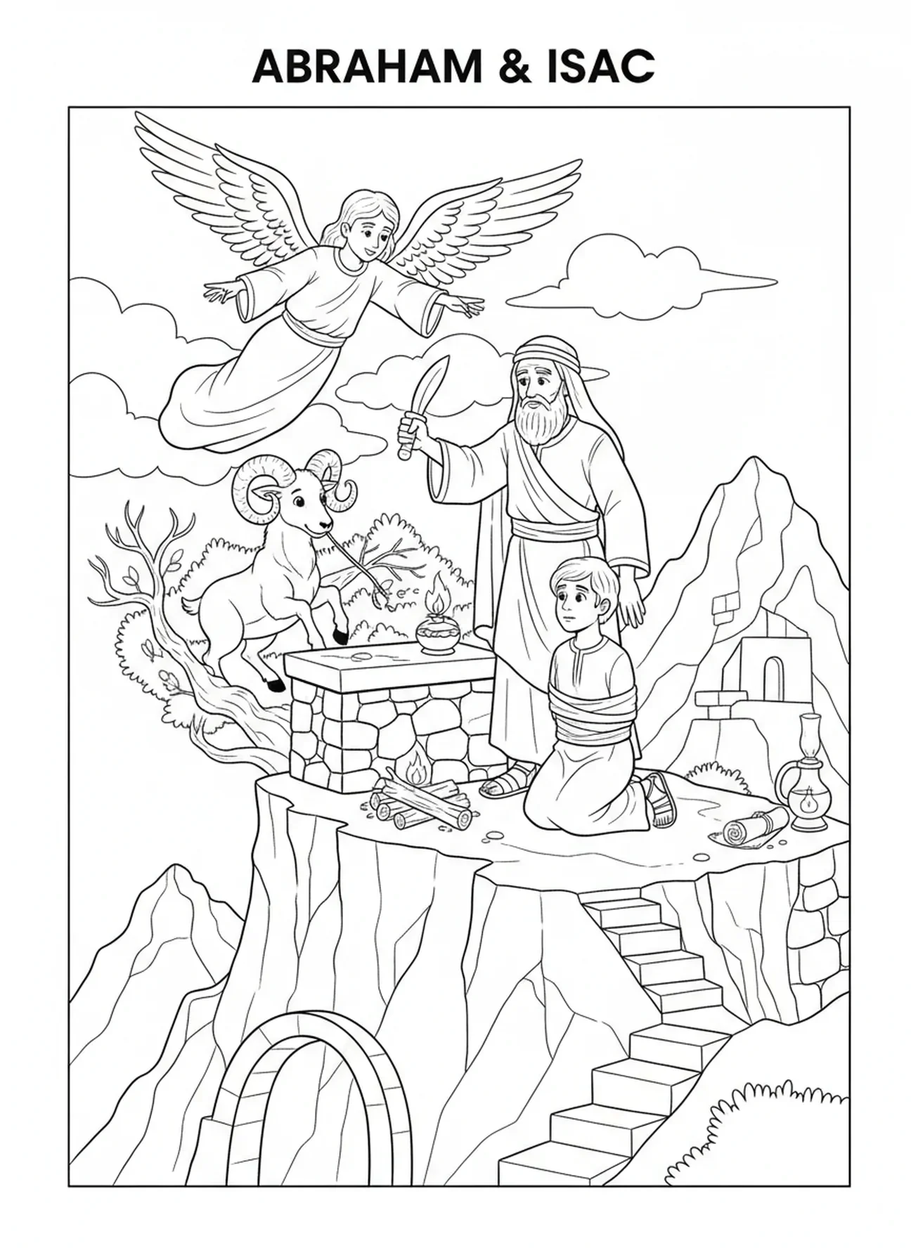 Abraham se préparant à sacrifier Isaac, page à colorier Abraham Isaac pour les enfants de l'École du dimanche âgés de 5 à 12 ans.