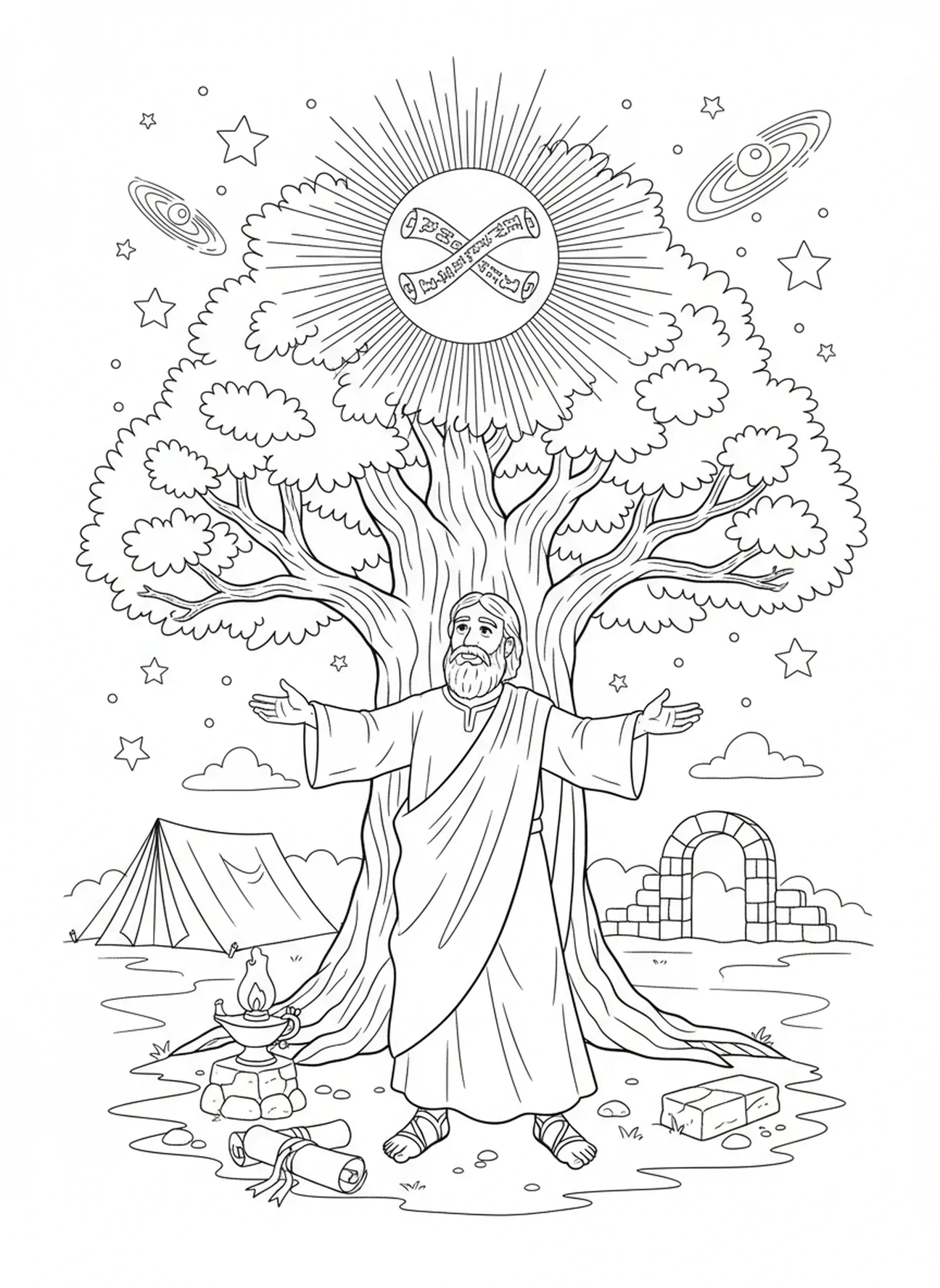 Abraham sous l'arbre avec des étoiles, page à colorier Abraham Isaac pour les enfants de l'École du dimanche âgés de 5 à 12 ans.