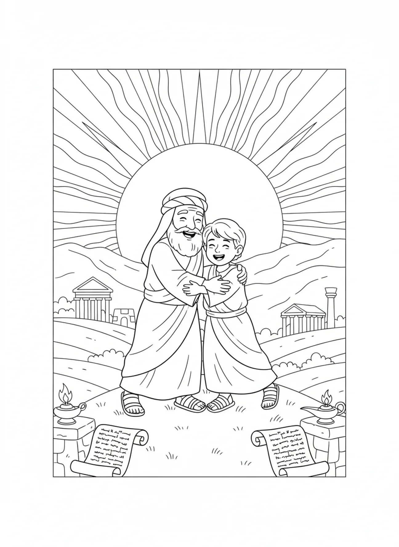 Abraham et Isaac s'embrassant sur une colline, page à colorier Abraham Isaac pour les enfants de l'École du dimanche âgés de 5 à 12 ans.