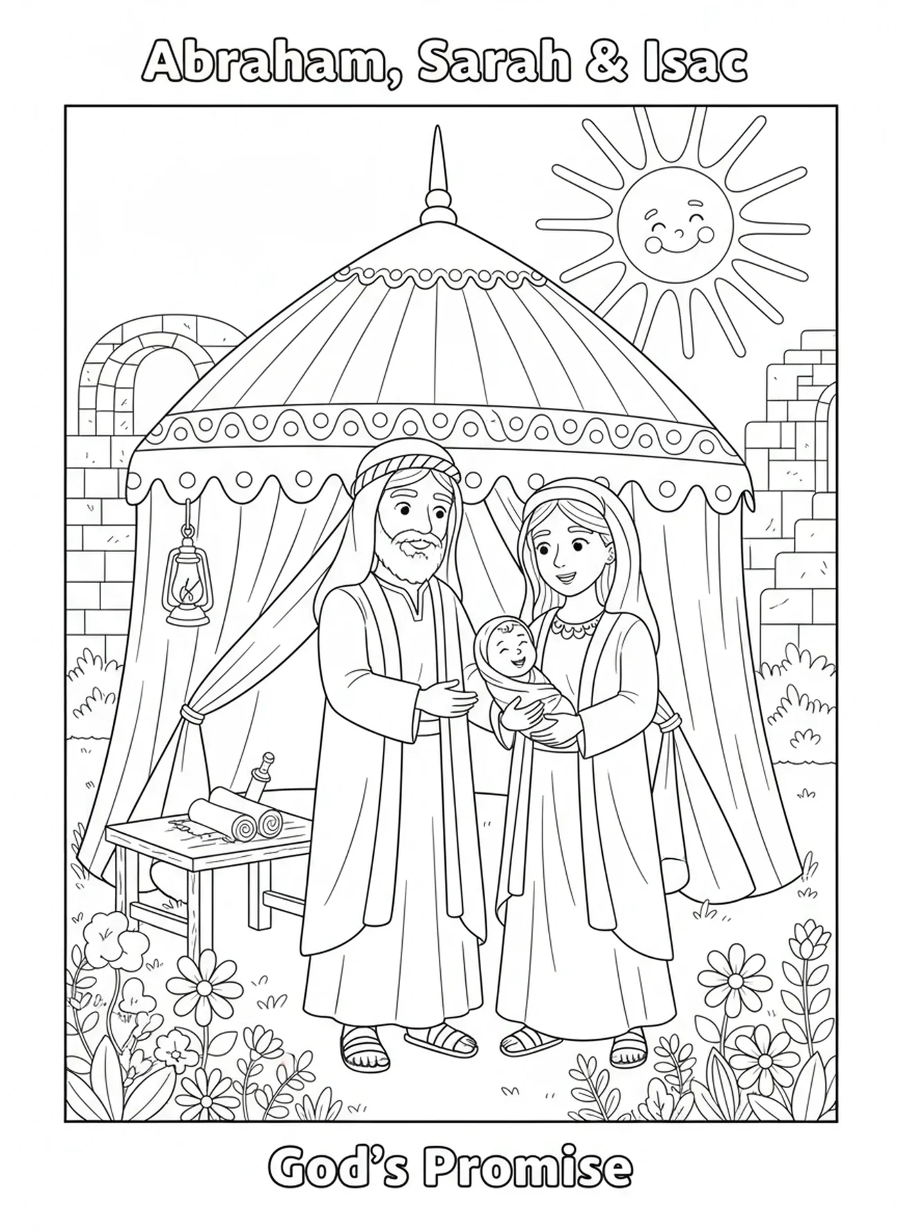 Abraham et Sarah avec le bébé Isaac, page à colorier Abraham Isaac pour les enfants de l'École du dimanche âgés de 5 à 12 ans.