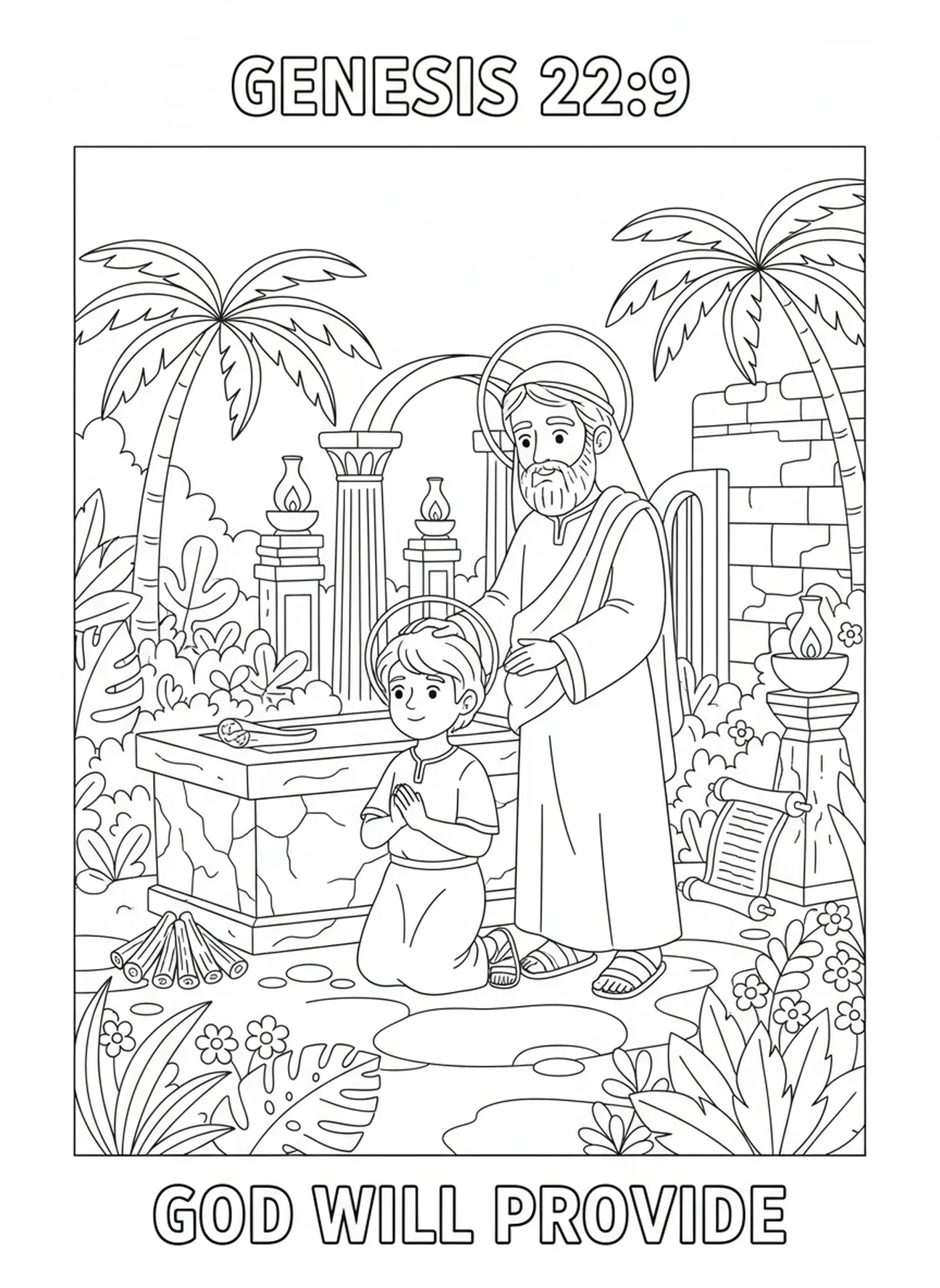 Abraham bénissant Isaac, page à colorier Abraham Isaac pour les enfants de l'École du dimanche âgés de 5 à 12 ans.