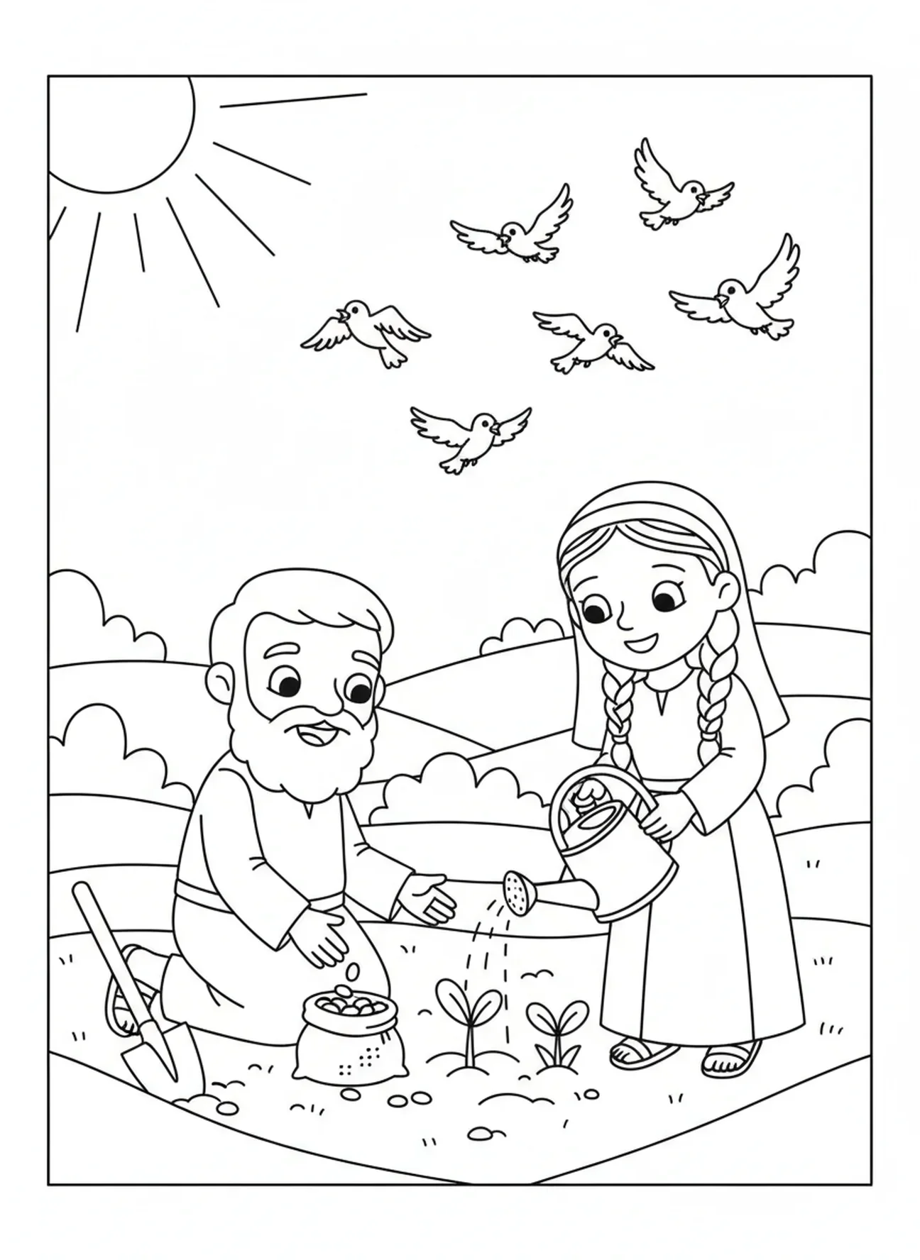 Abraham, der Samen pflanzt, Ausmalbild zur Reise Abrahams nach Kanaan für Kinder im Alter von 5-10 Jahren.