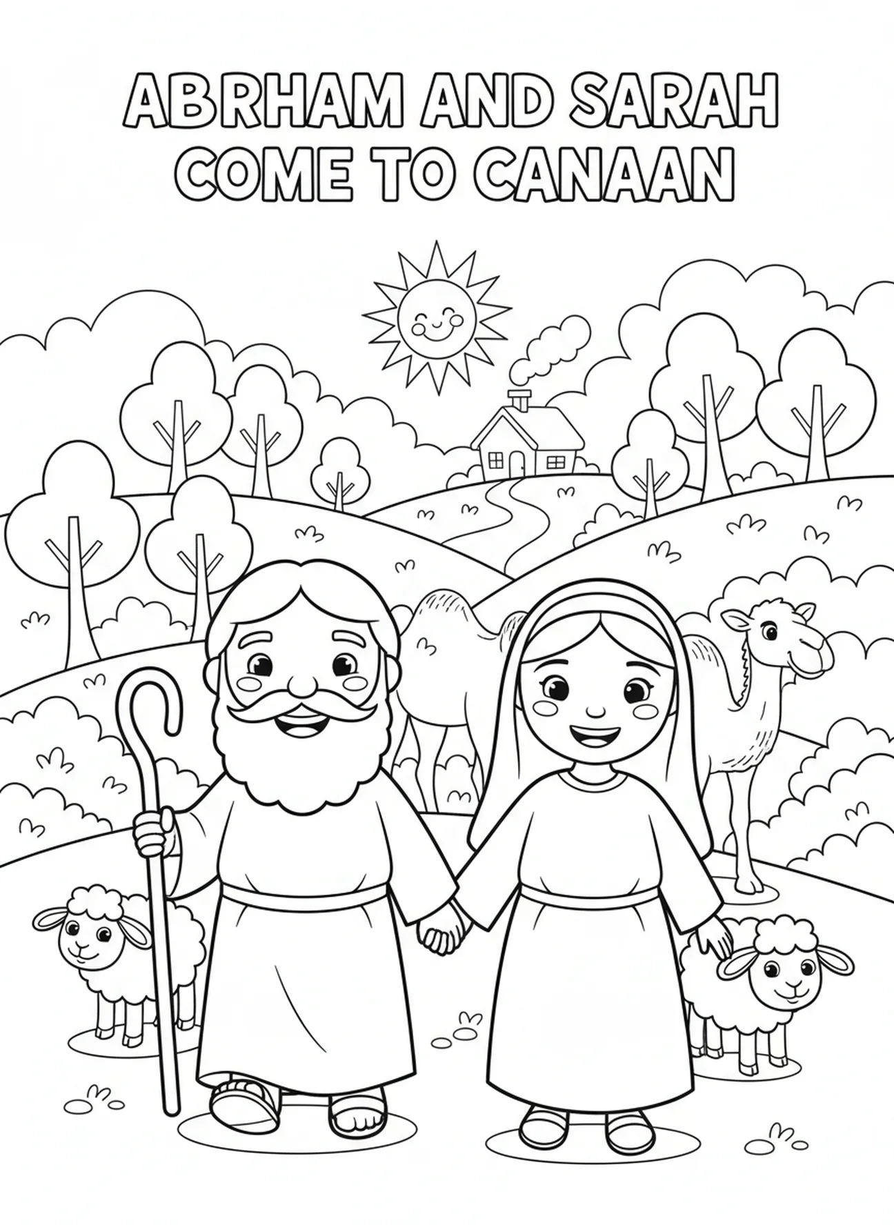 Abraham und Sarah kommen in Kanaan an, Ausmalbild zur Reise Abrahams nach Kanaan für Kinder im Alter von 5-10 Jahren.