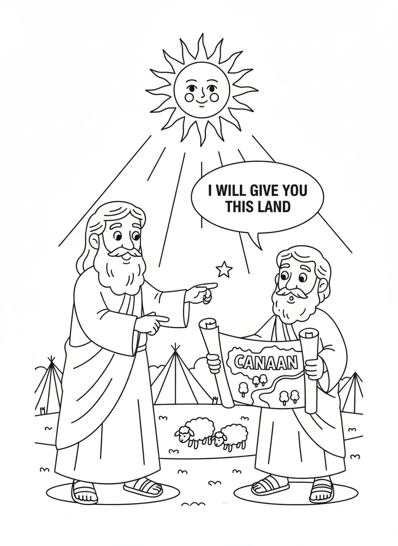 Gott zeigt Abraham das Land, Ausmalbild von Abrahams Reise nach Kanaan für Kinder im Alter von 5-10 Jahren.