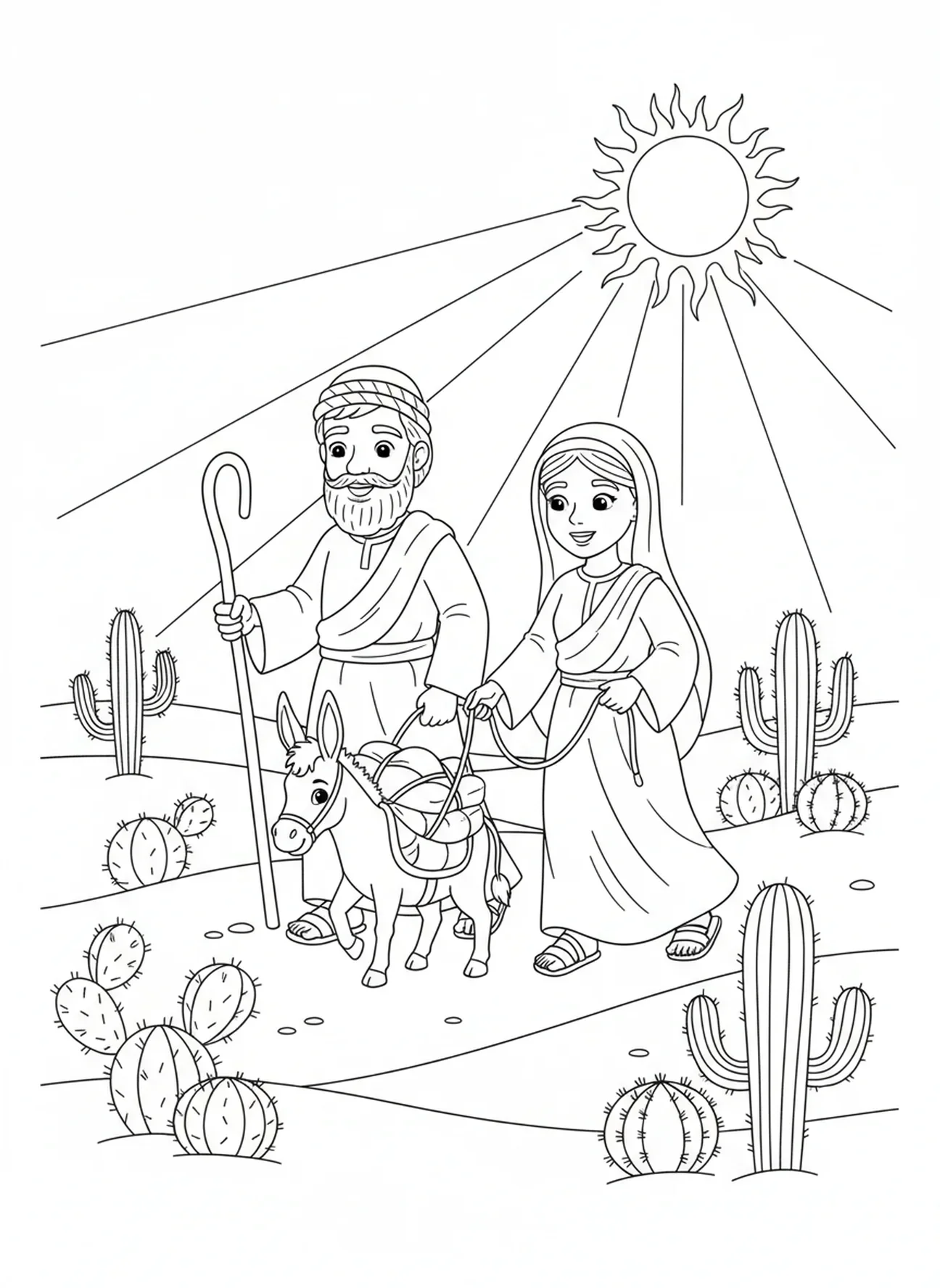 Abraham und Sarah in der Wüste, Ausmalbild über Abrahams Reise nach Kanaan für Kinder im Alter von 5-10 Jahren.