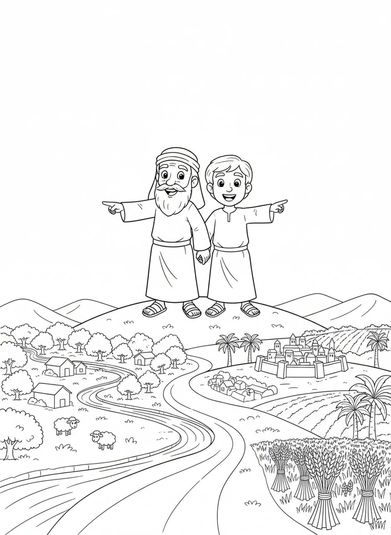 Abraham en Lot kiezen land, Abraham en Lot scheiden kleurplaat voor kinderen van 5-10 jaar.
