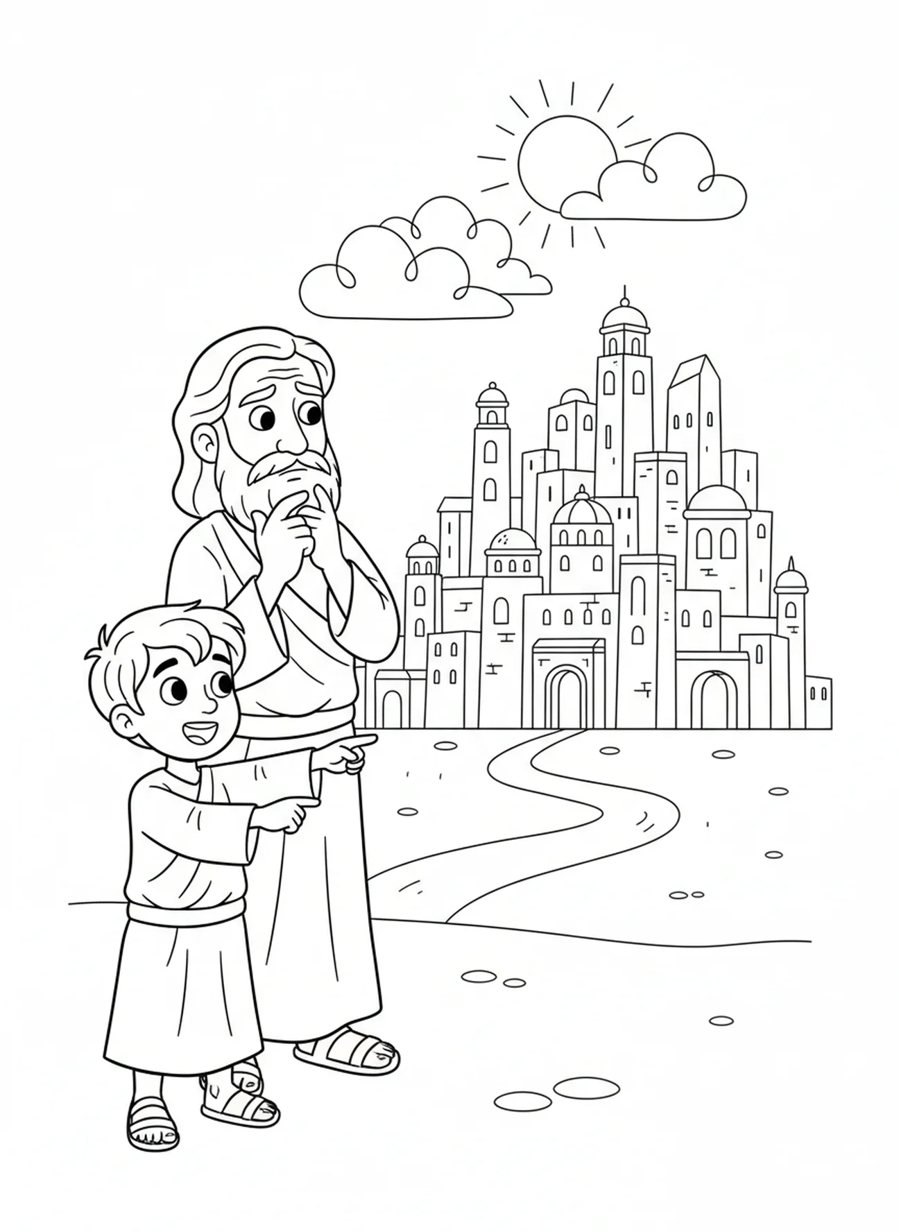 Lot kiest de stad Sodom, Abraham en Lot scheiden kleurplaat voor kinderen van 5-10 jaar.