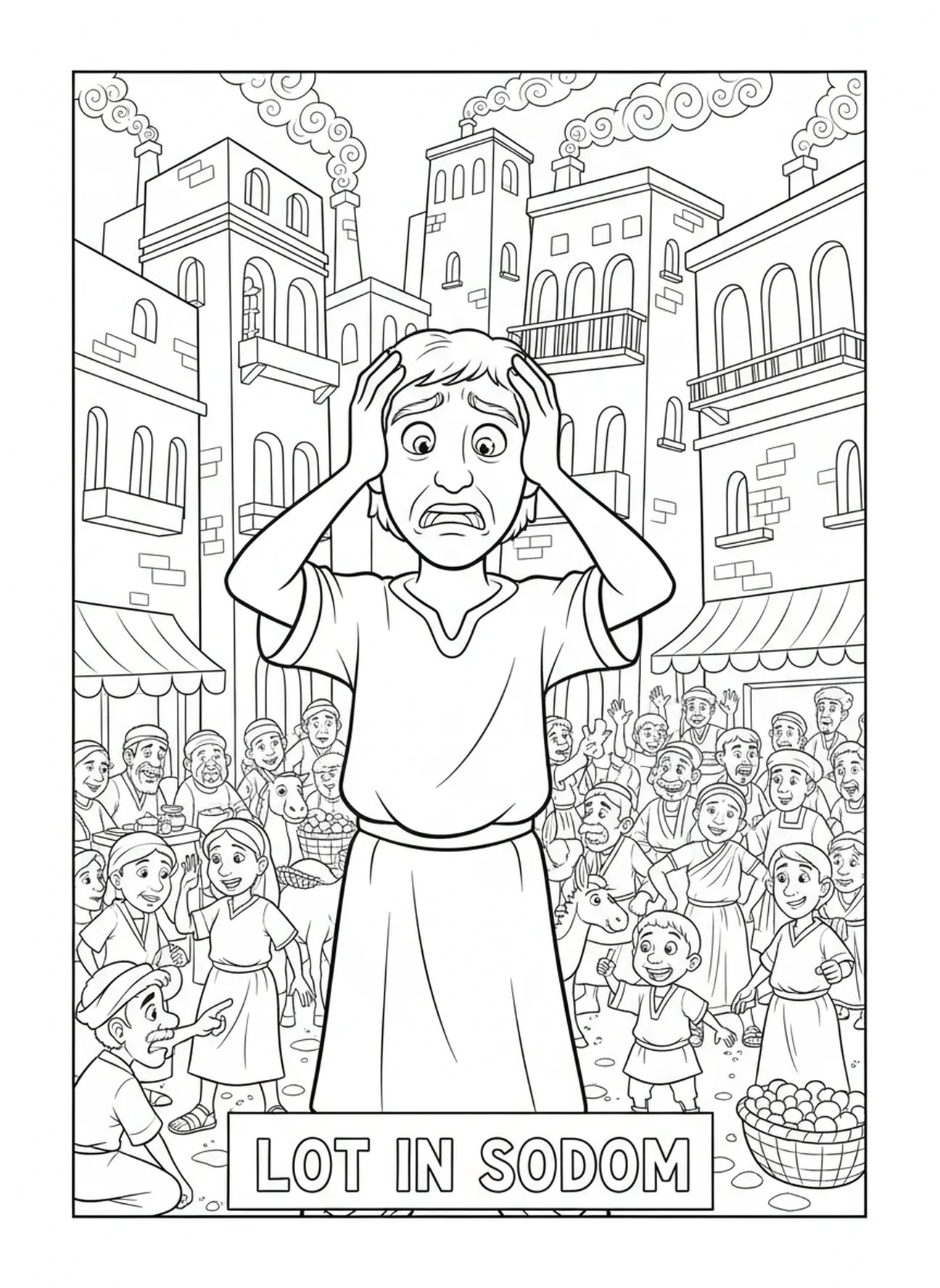 Lot in de stad Sodom, Abraham en Lot scheiden kleurplaat voor kinderen van 5-10 jaar.