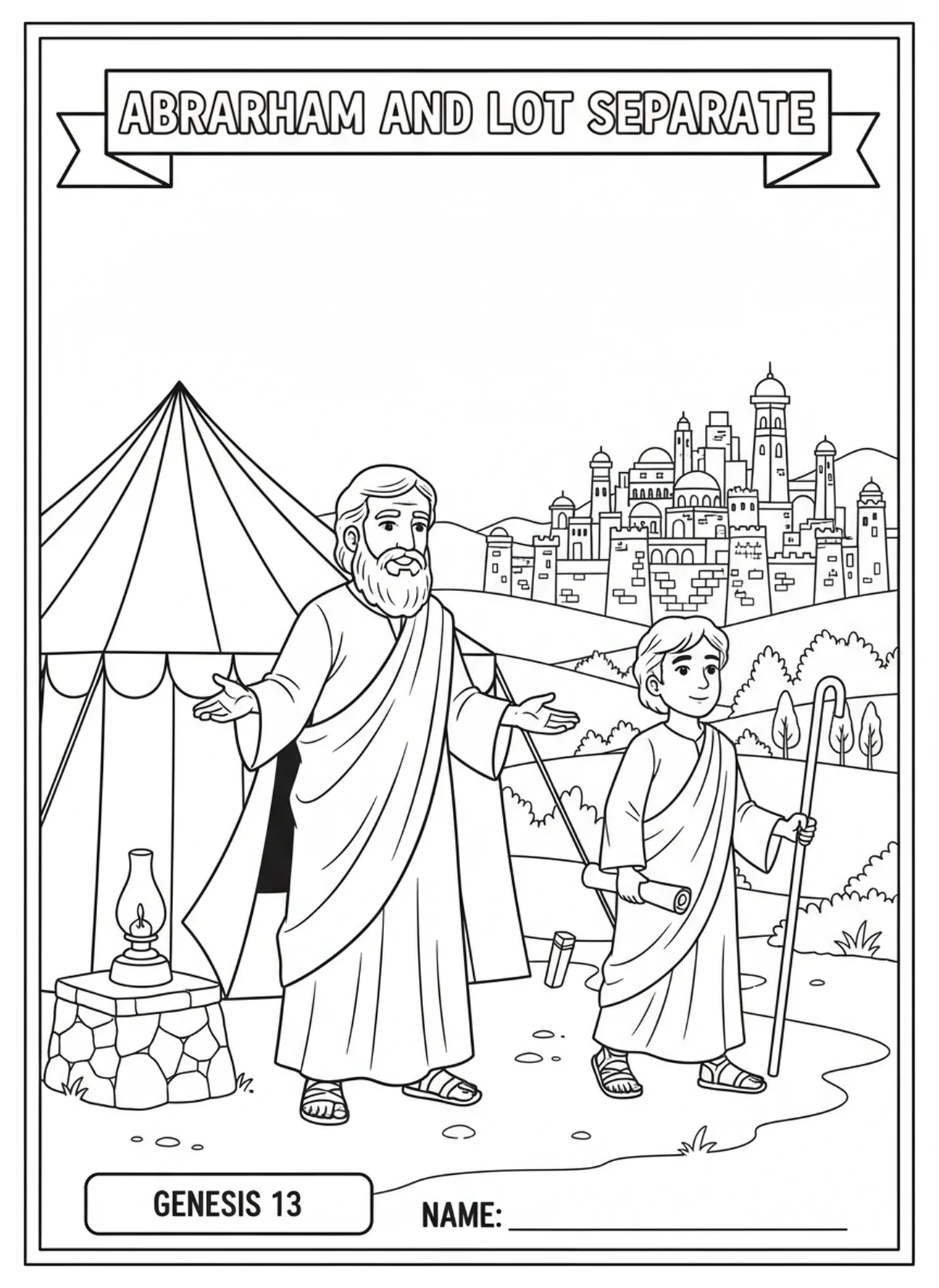 Abraham et Lot se séparant, page à colorier Abraham Lot Séparation pour les enfants de l'École du dimanche âgés de 5 à 12 ans