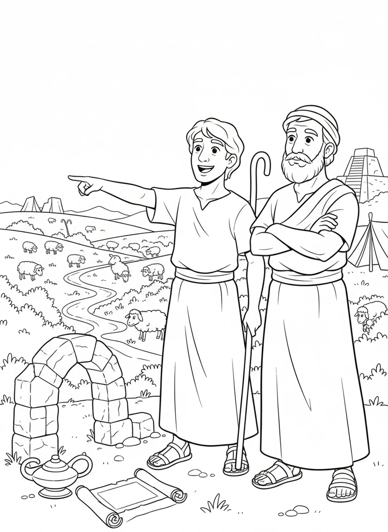 Lot choisissant la terre, Abraham et Lot se séparent page à colorier pour les enfants de l'École du dimanche âgés de 5 à 12 ans